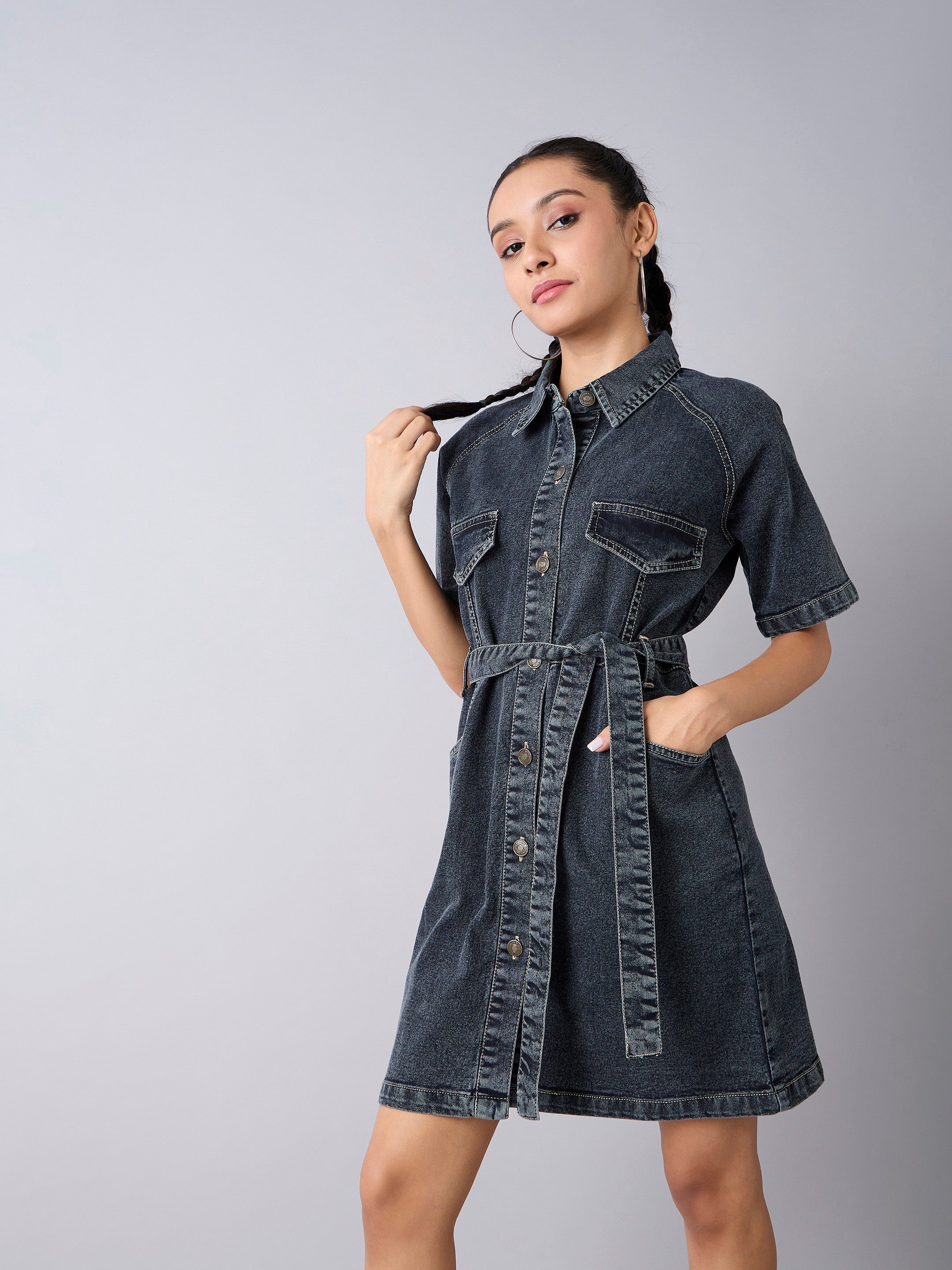 Girls Black Acid Wash Denim Shirt Dress