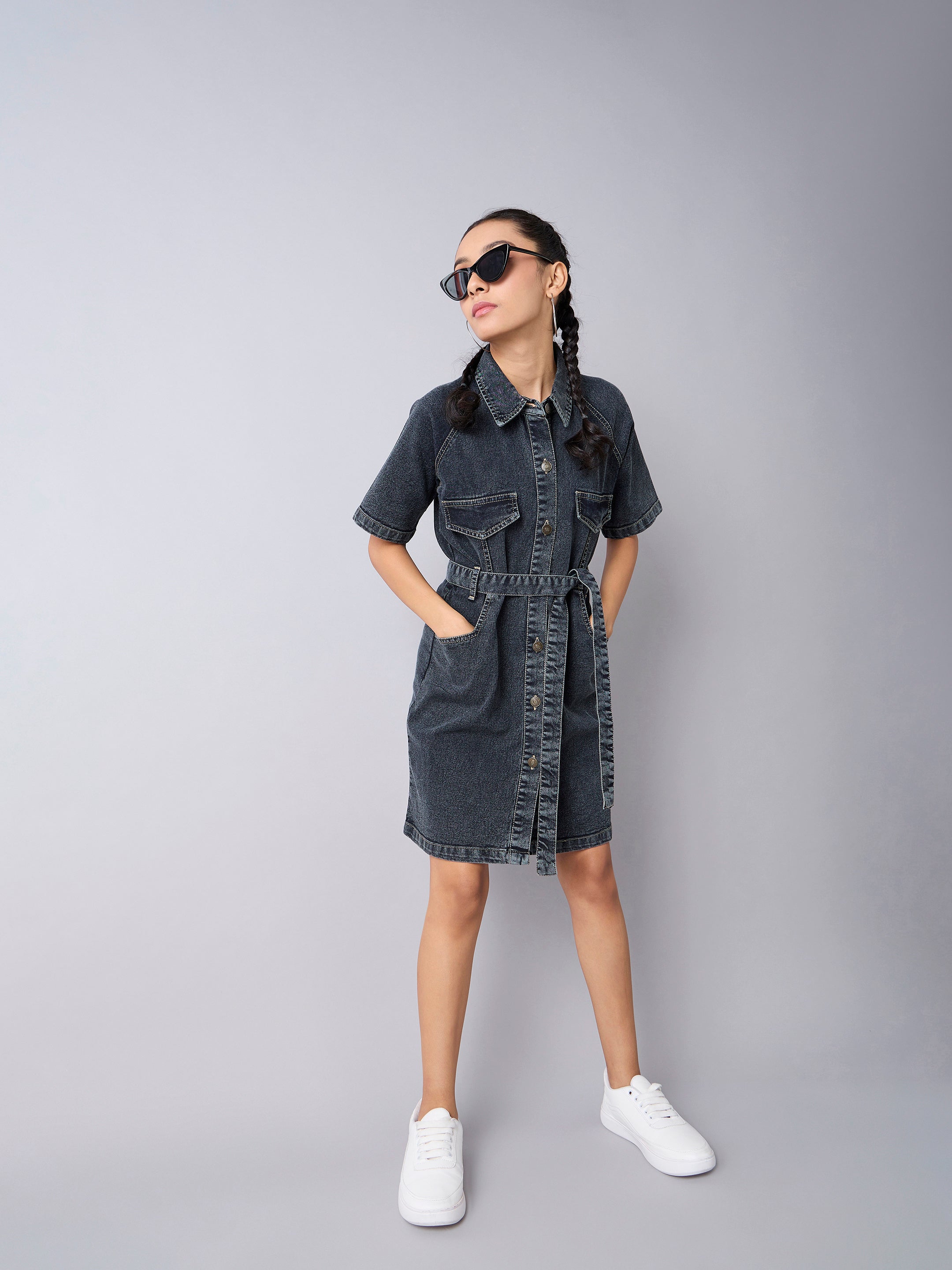 Girls Black Acid Wash Denim Shirt Dress