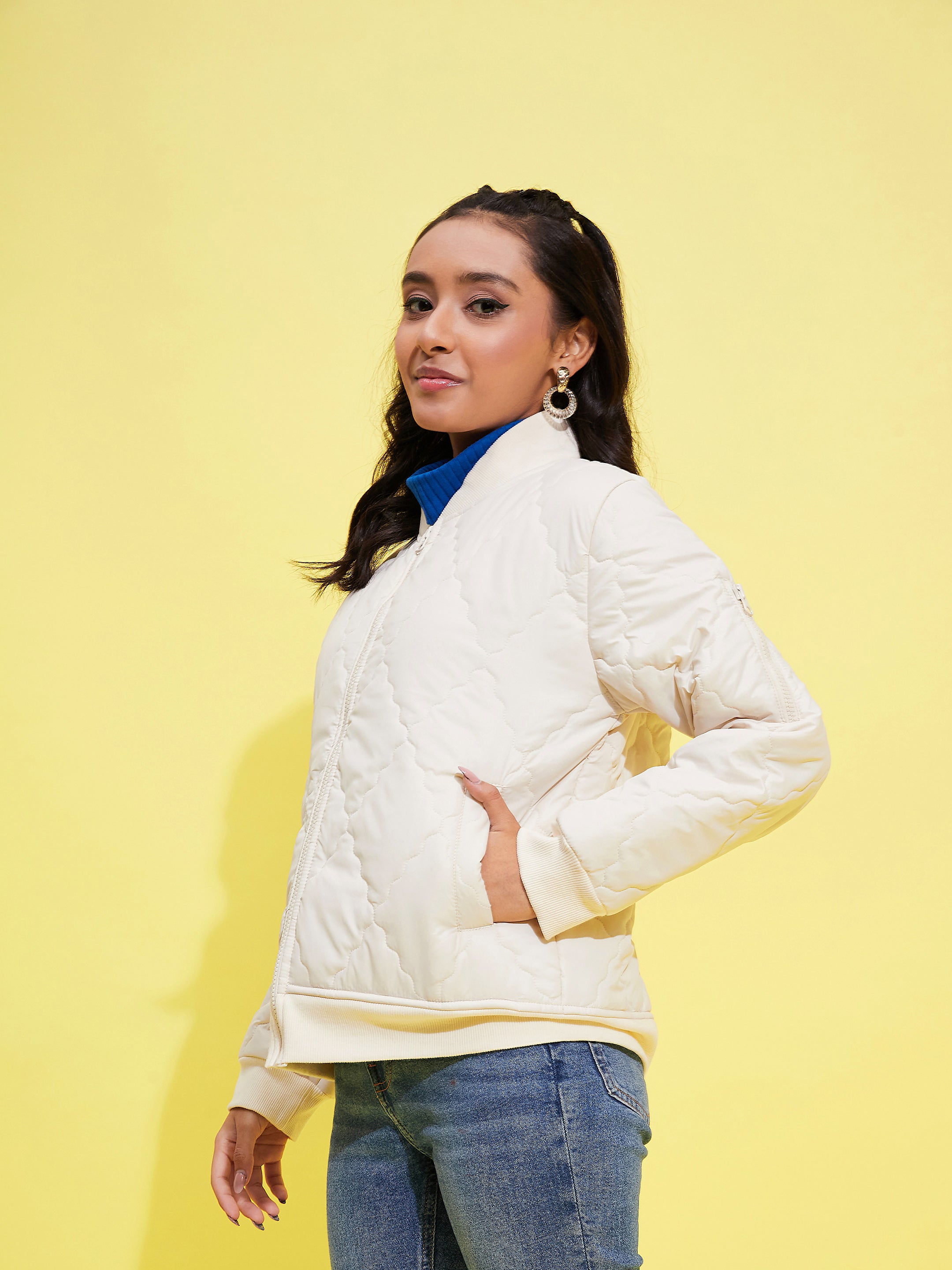 Girls Off White Quilted Bomber Jacket