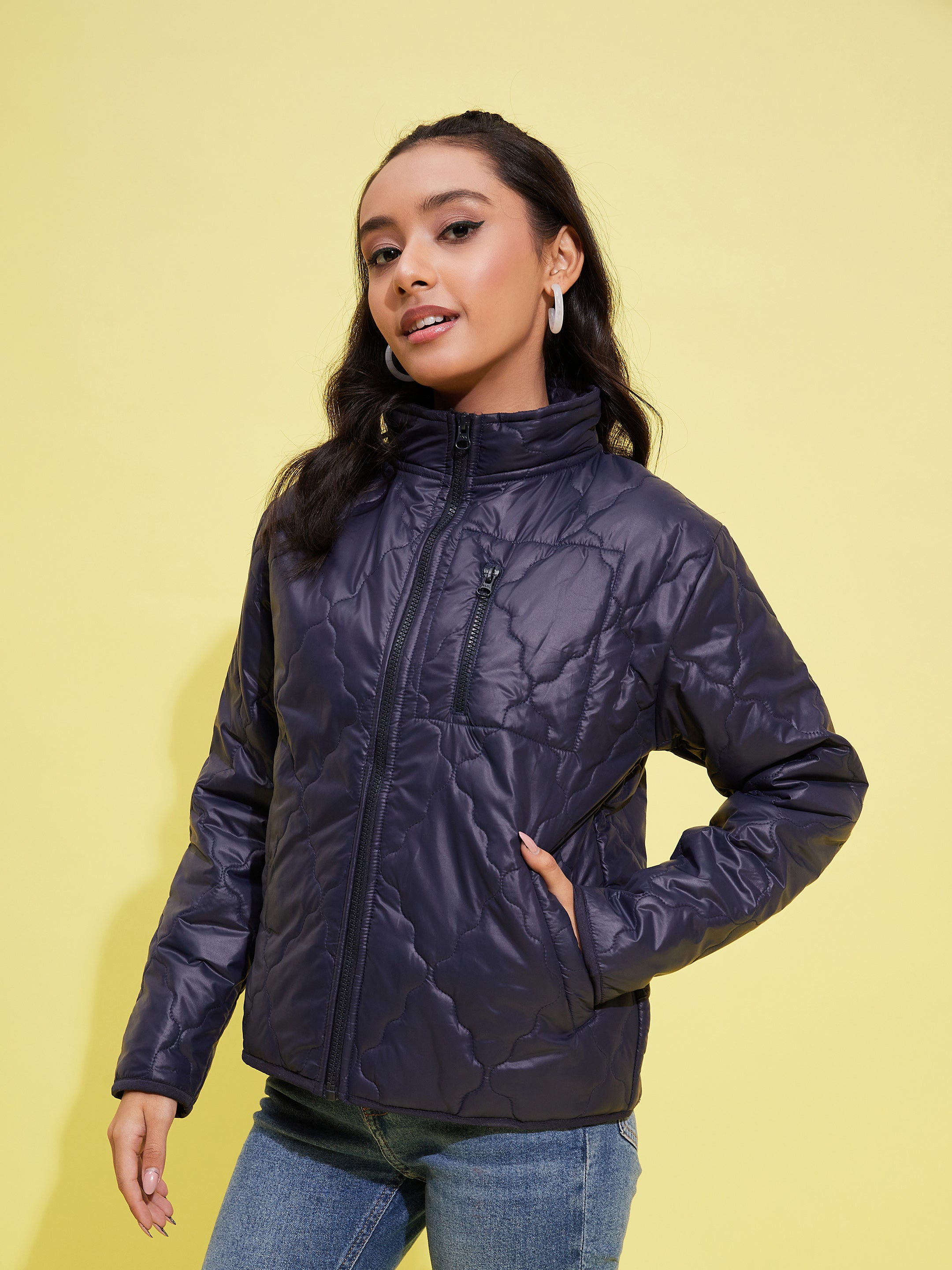 Girls Navy Quilted Zipper Jacket