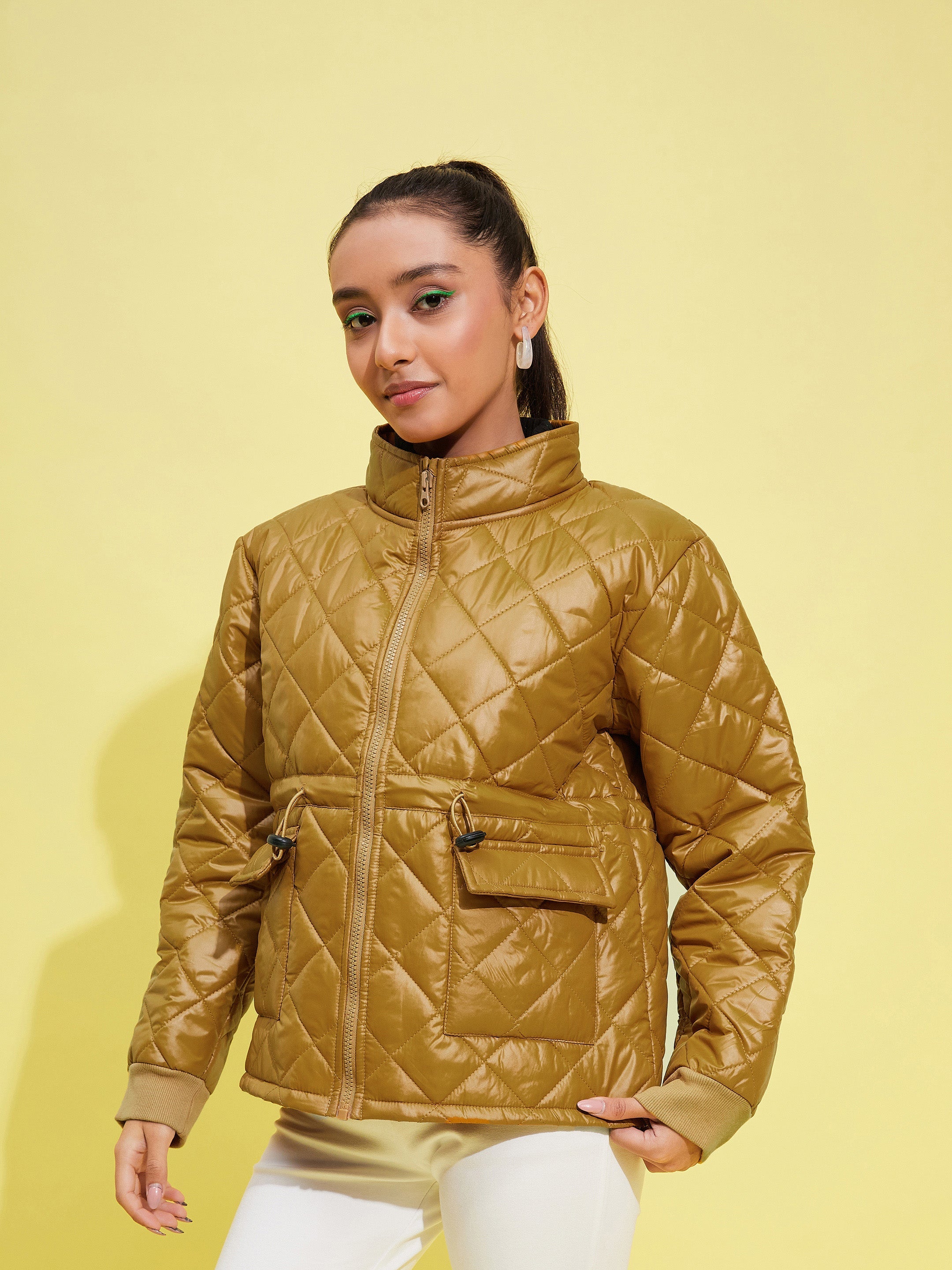 Girls Brown Front Pocket Quilted Jacket