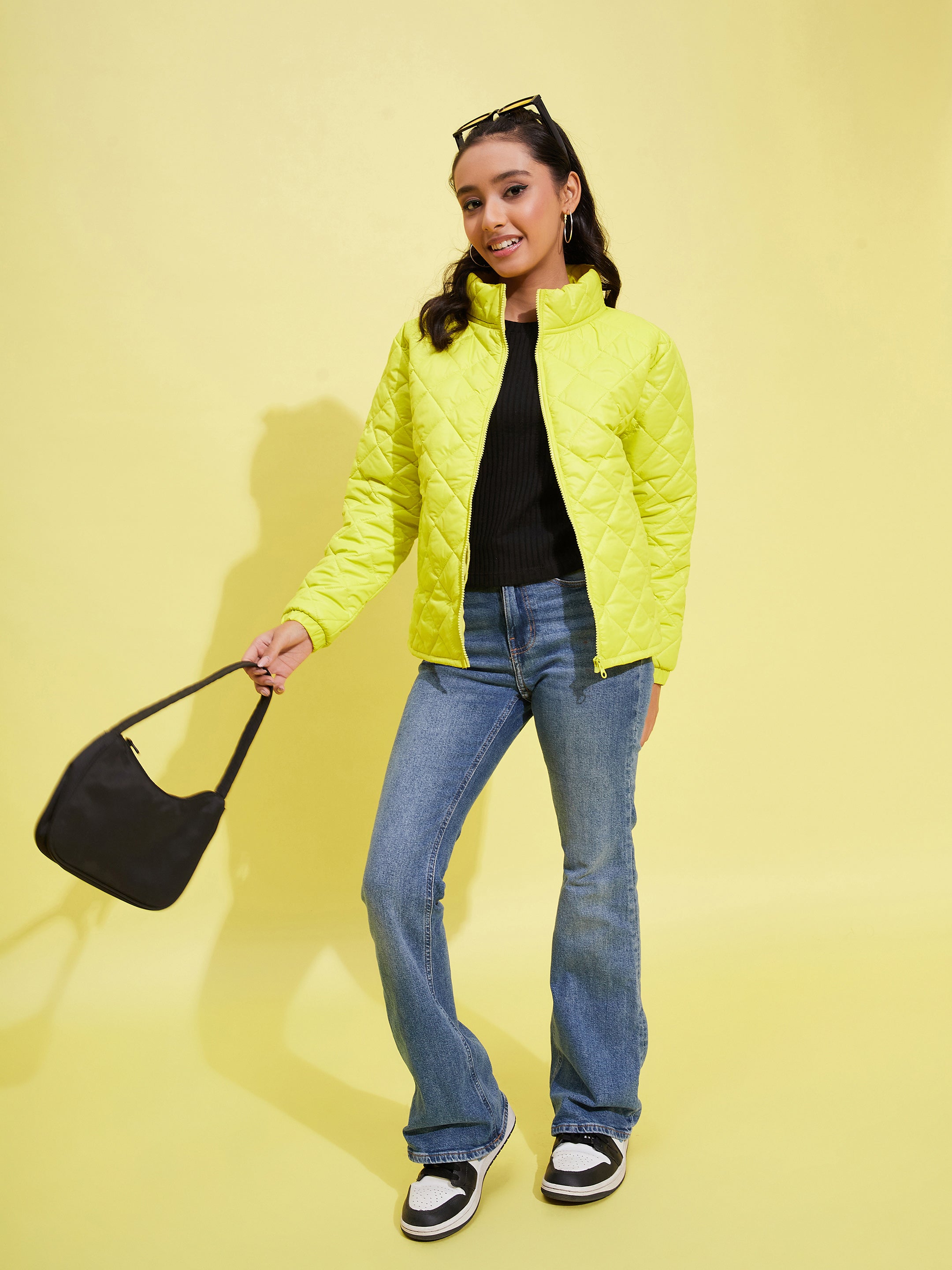 Girls Neon Yellow Taffeta Quilted Zipper Jacket