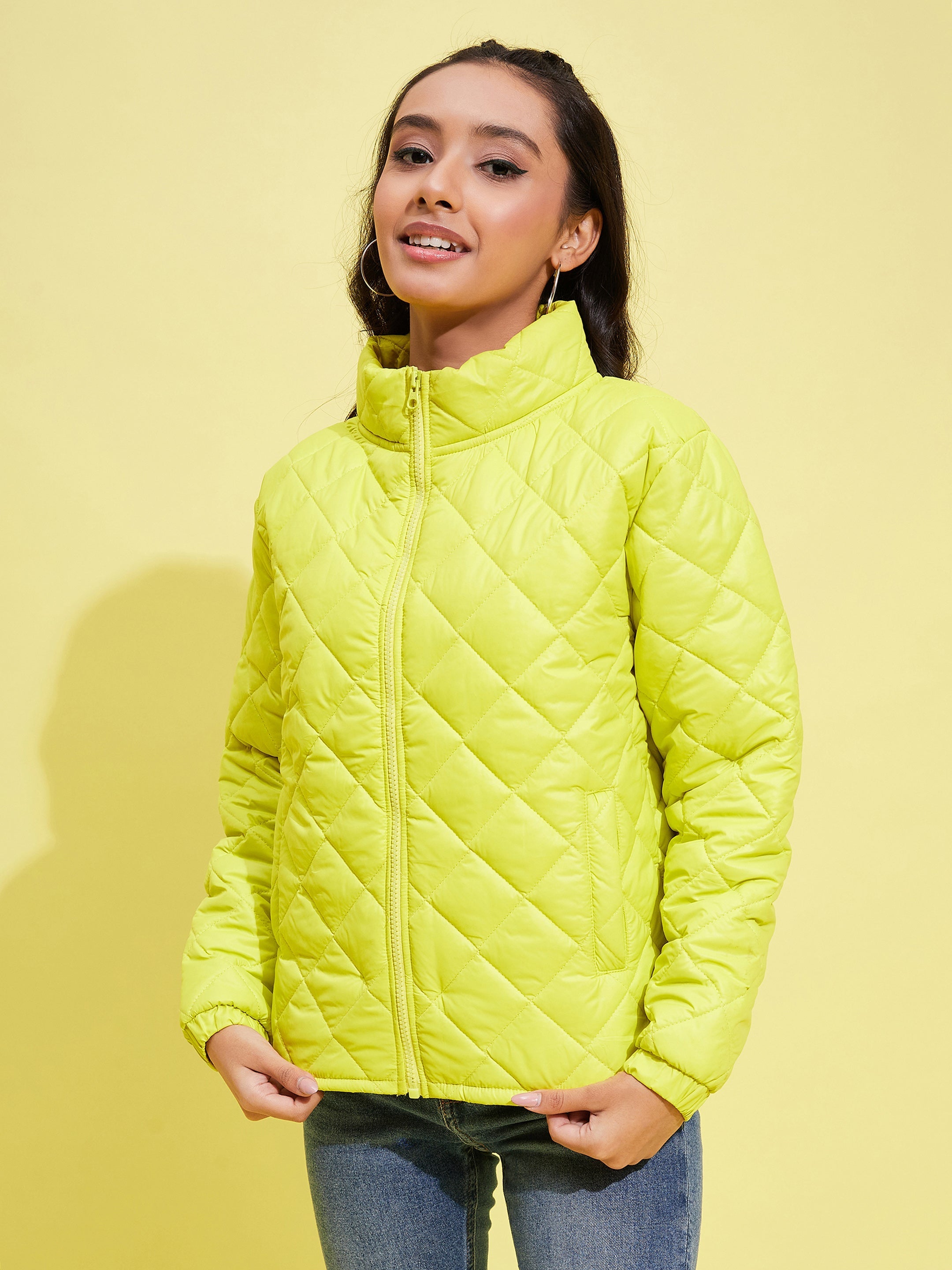 Girls Neon Yellow Taffeta Quilted Zipper Jacket