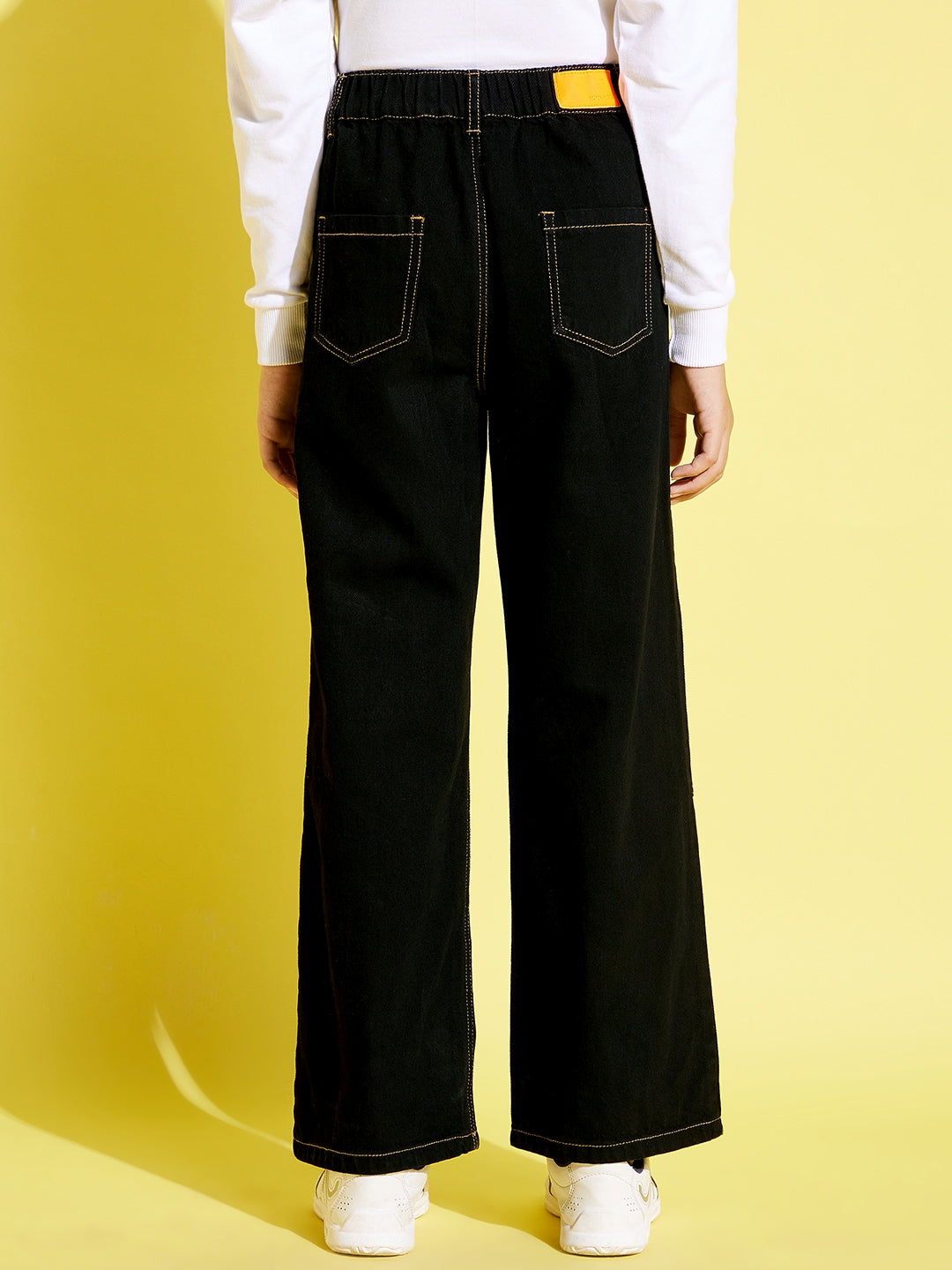 Girls Black Contrast Thread Straight Jeans