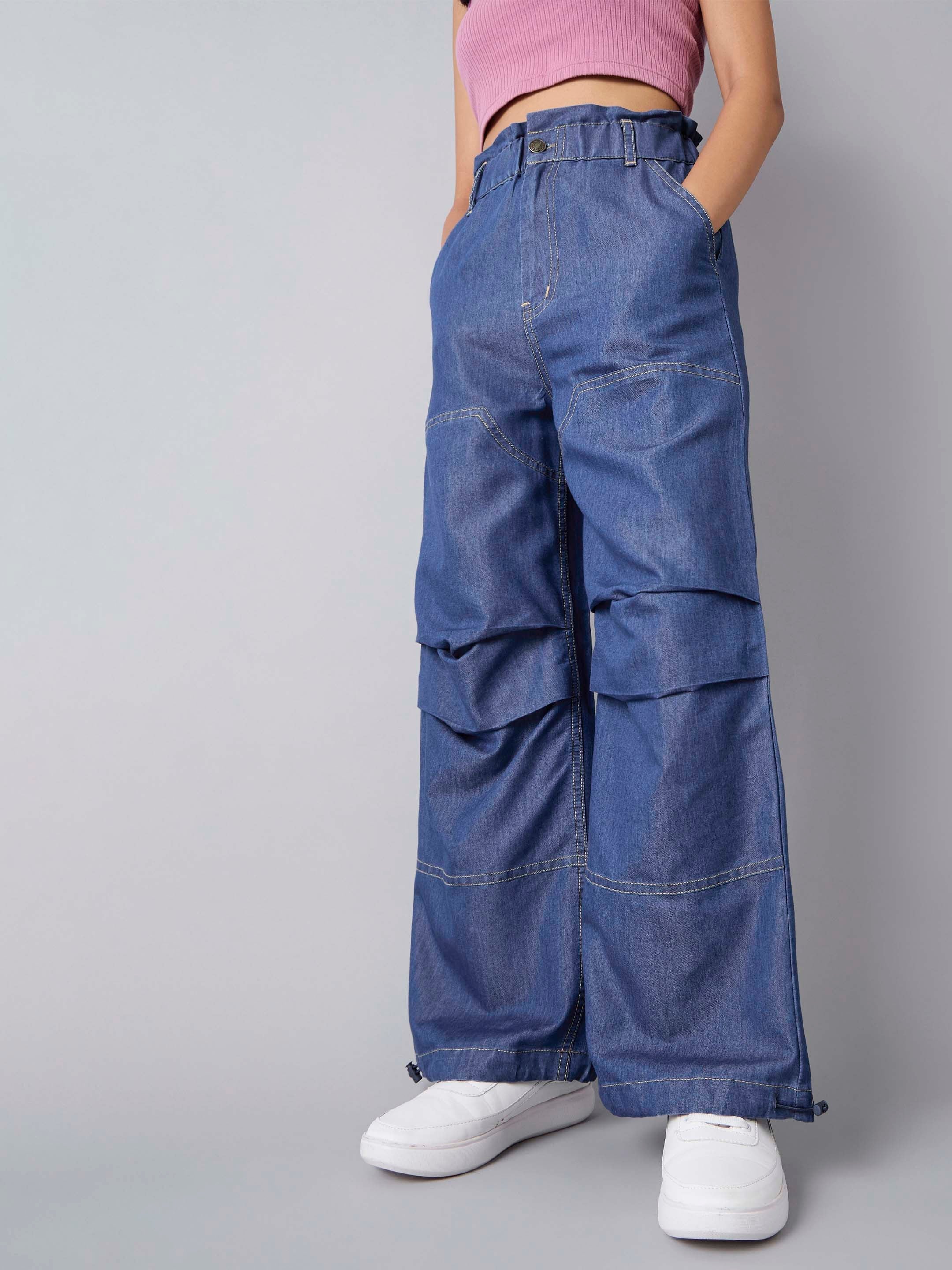 Girls Blue Wash Tencel Pull Hem Cargo Jeans