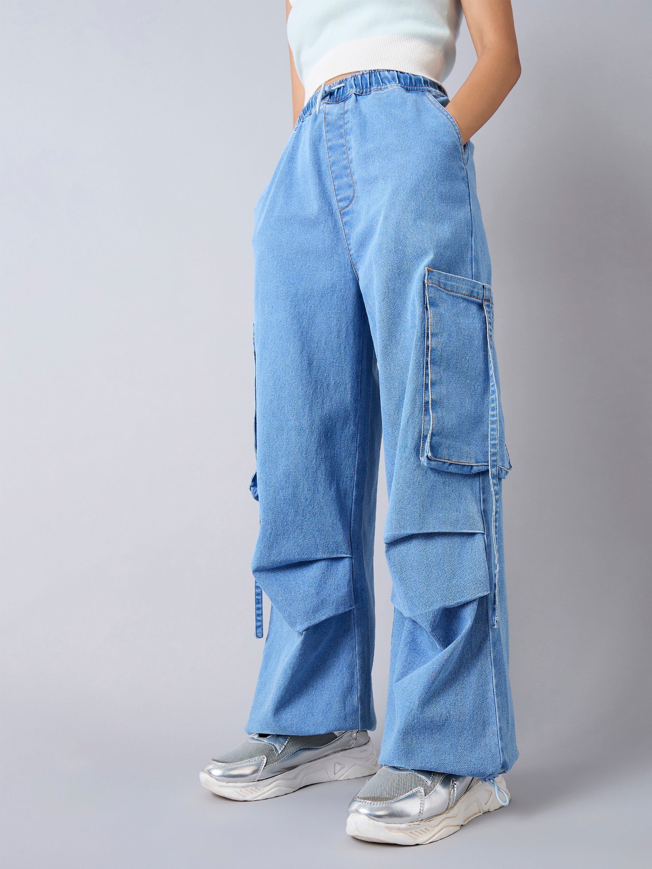 Girls Ice Blue Side Pockets Cargo Jeans