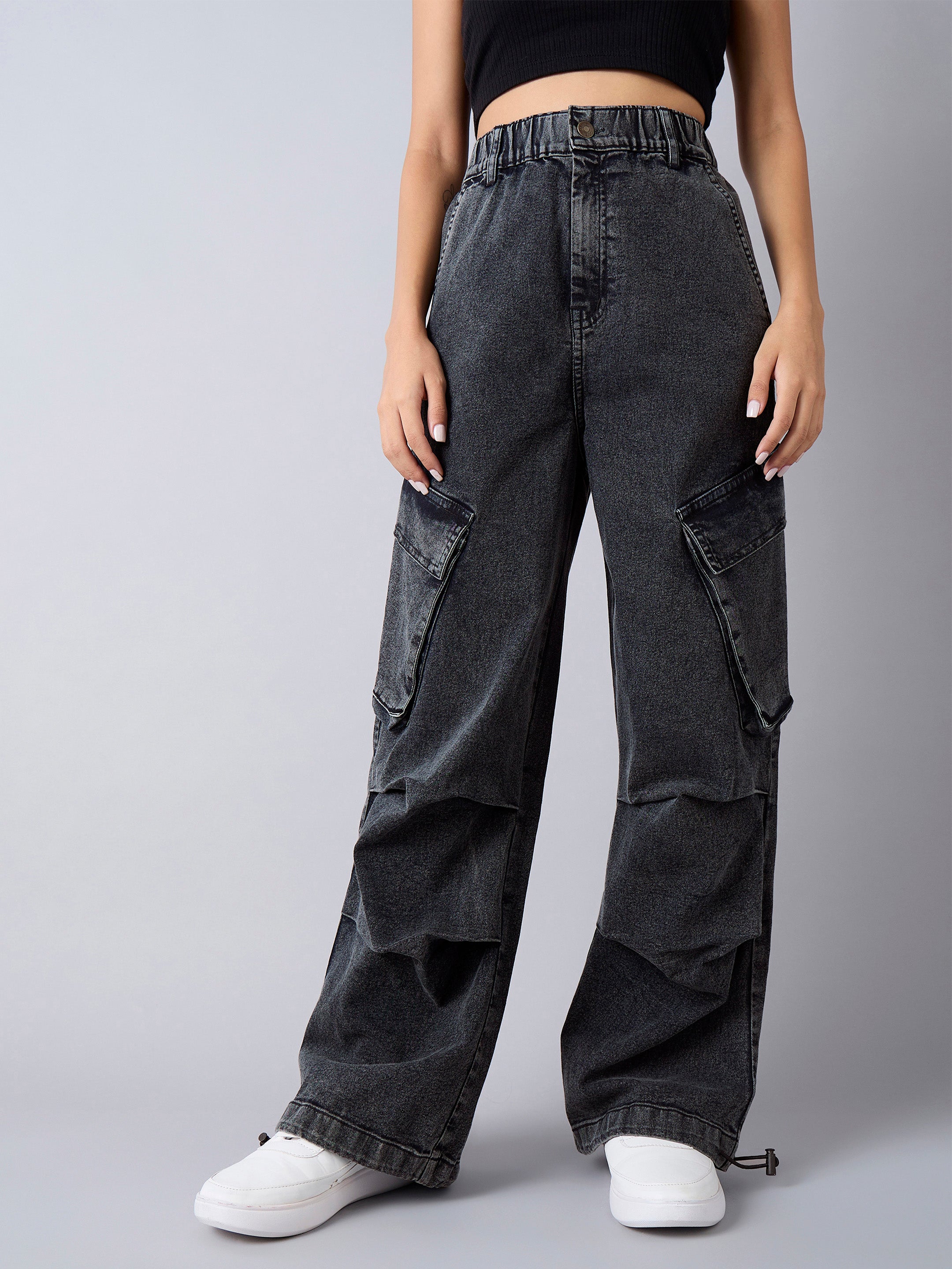 Girls Black Acid Wash Side Pintuck Jeans