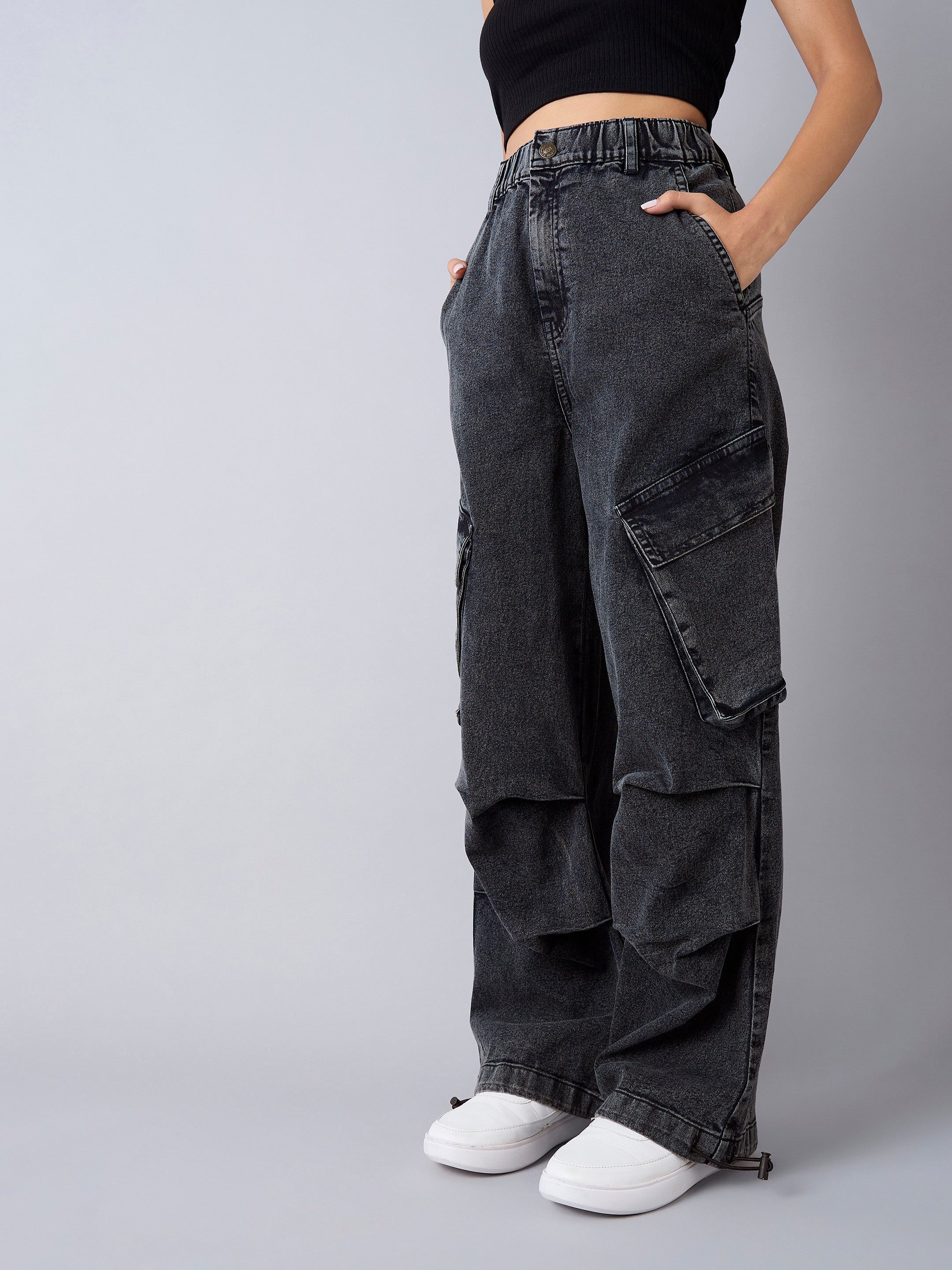 Girls Black Acid Wash Side Pintuck Jeans