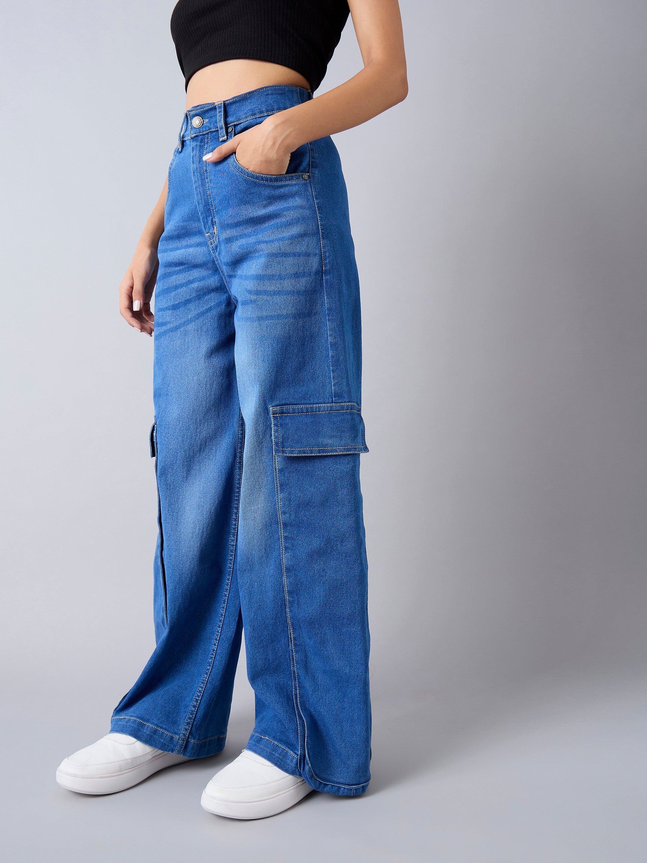 Girls Blue Blast Hem Pocket Straight Jeans