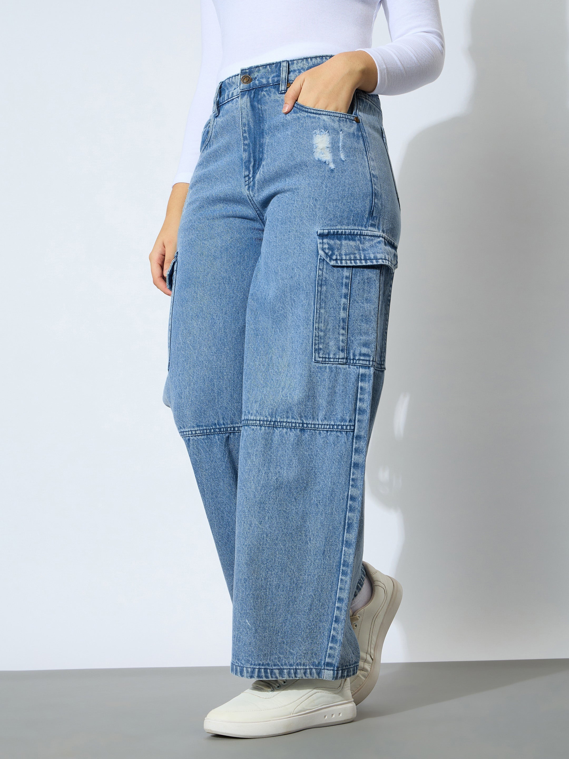 Girl Blue Wash Denim Side Pocket Straight Jeans