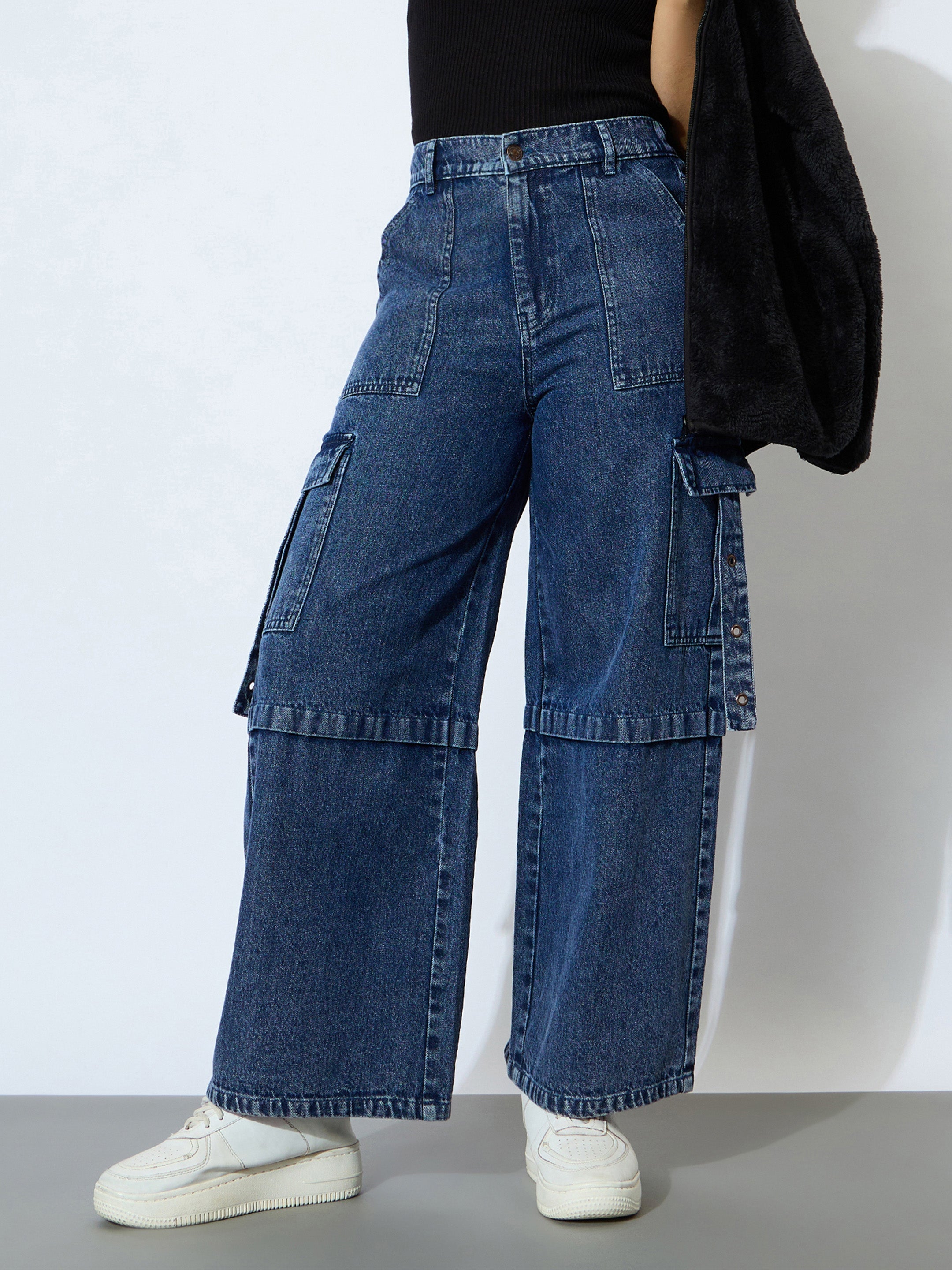 Girl Blue Wash Denim Side Pockets Cargo Jeans