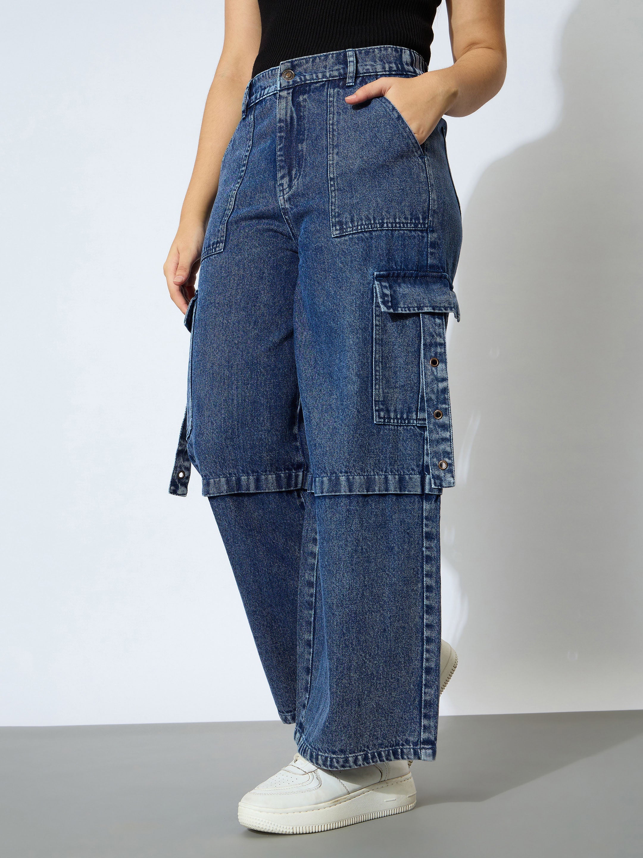 Girl Blue Wash Denim Side Pockets Cargo Jeans