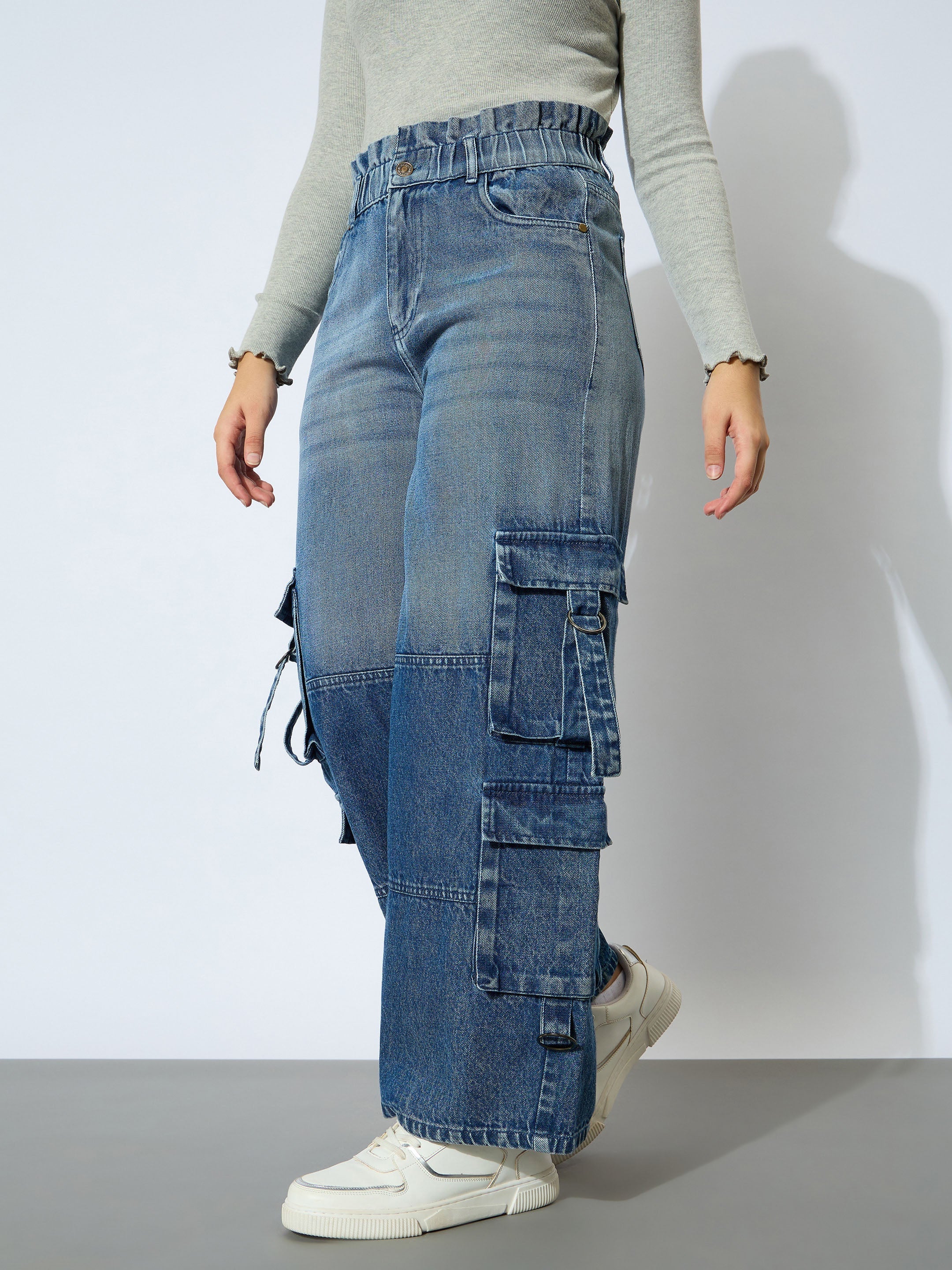 Girl Blue Wash Denim Paper Bag Waist Cargo Jeans