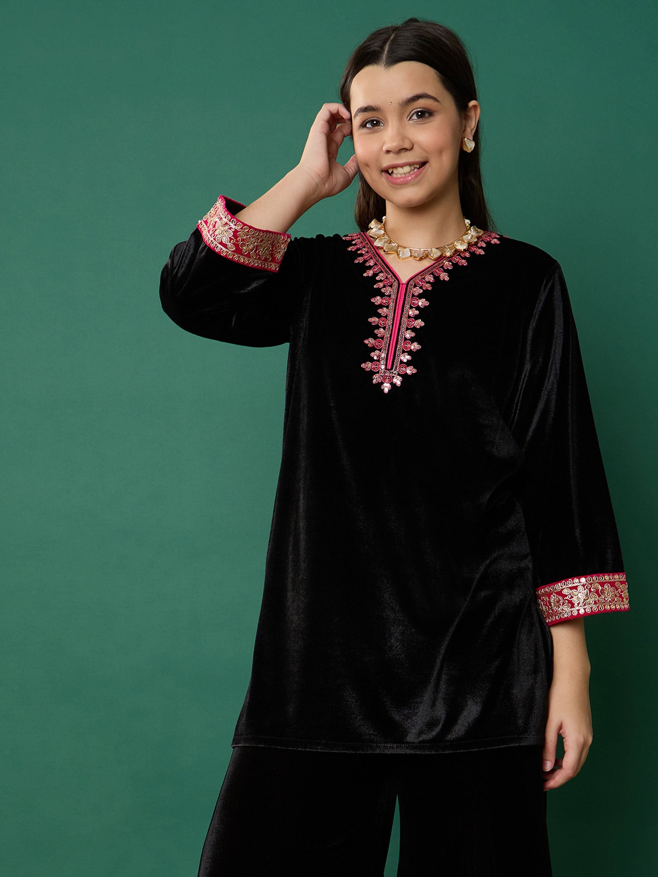 Girl Black Velvet Contrast Embroidered Short Kurta