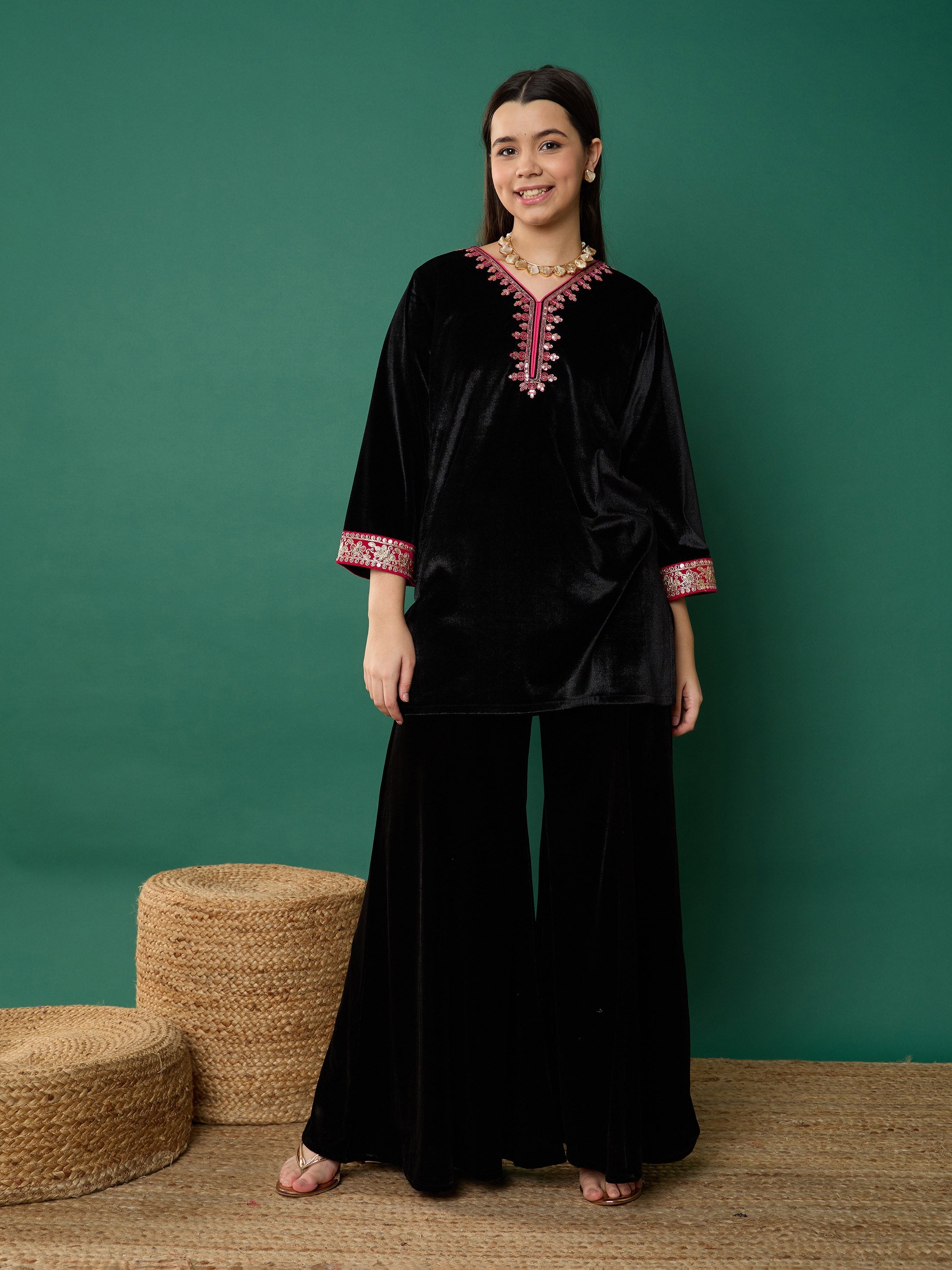 Girl Black Velvet Contrast Embroidered Short Kurta