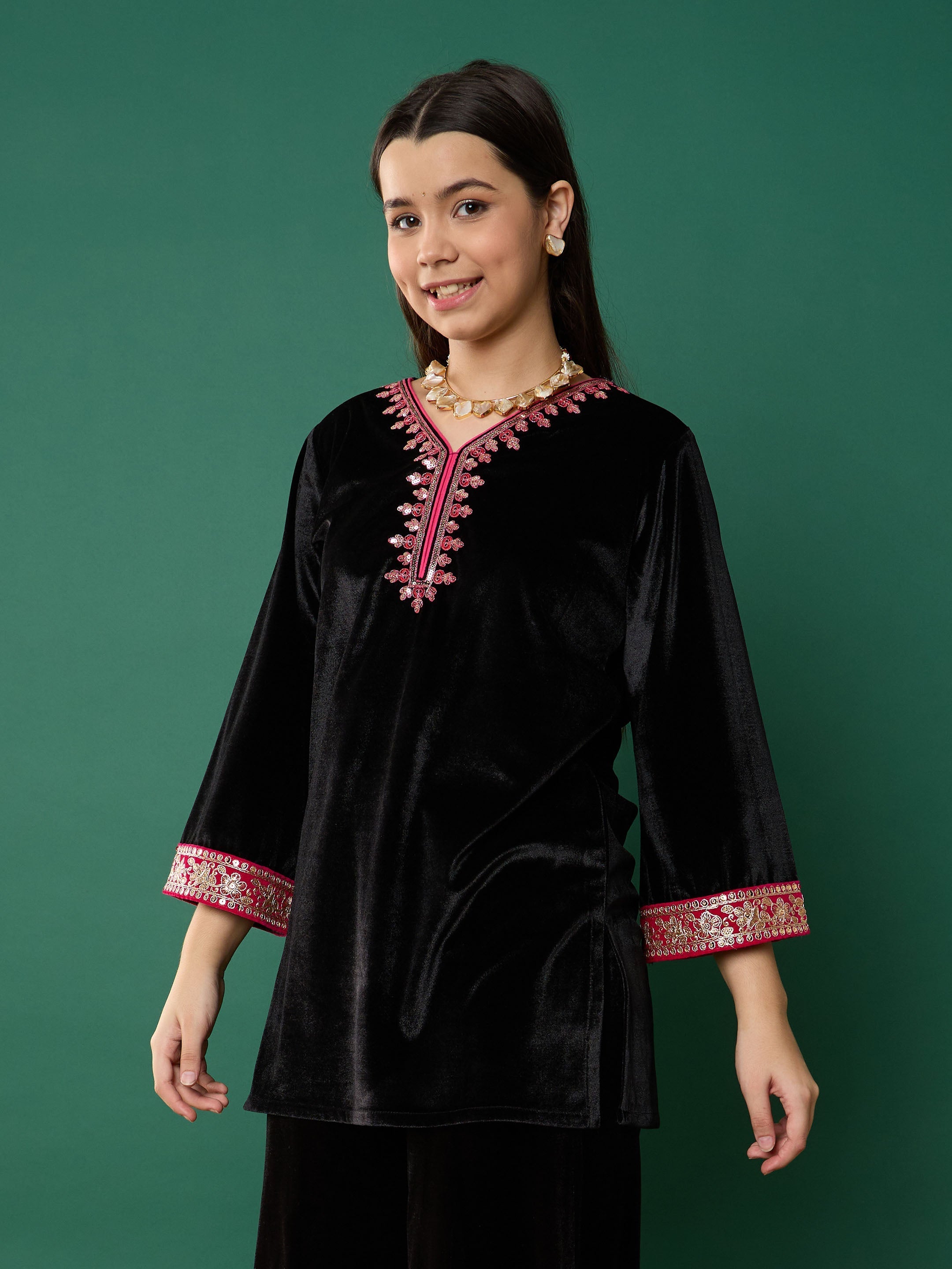 Girl Black Velvet Contrast Embroidered Short Kurta