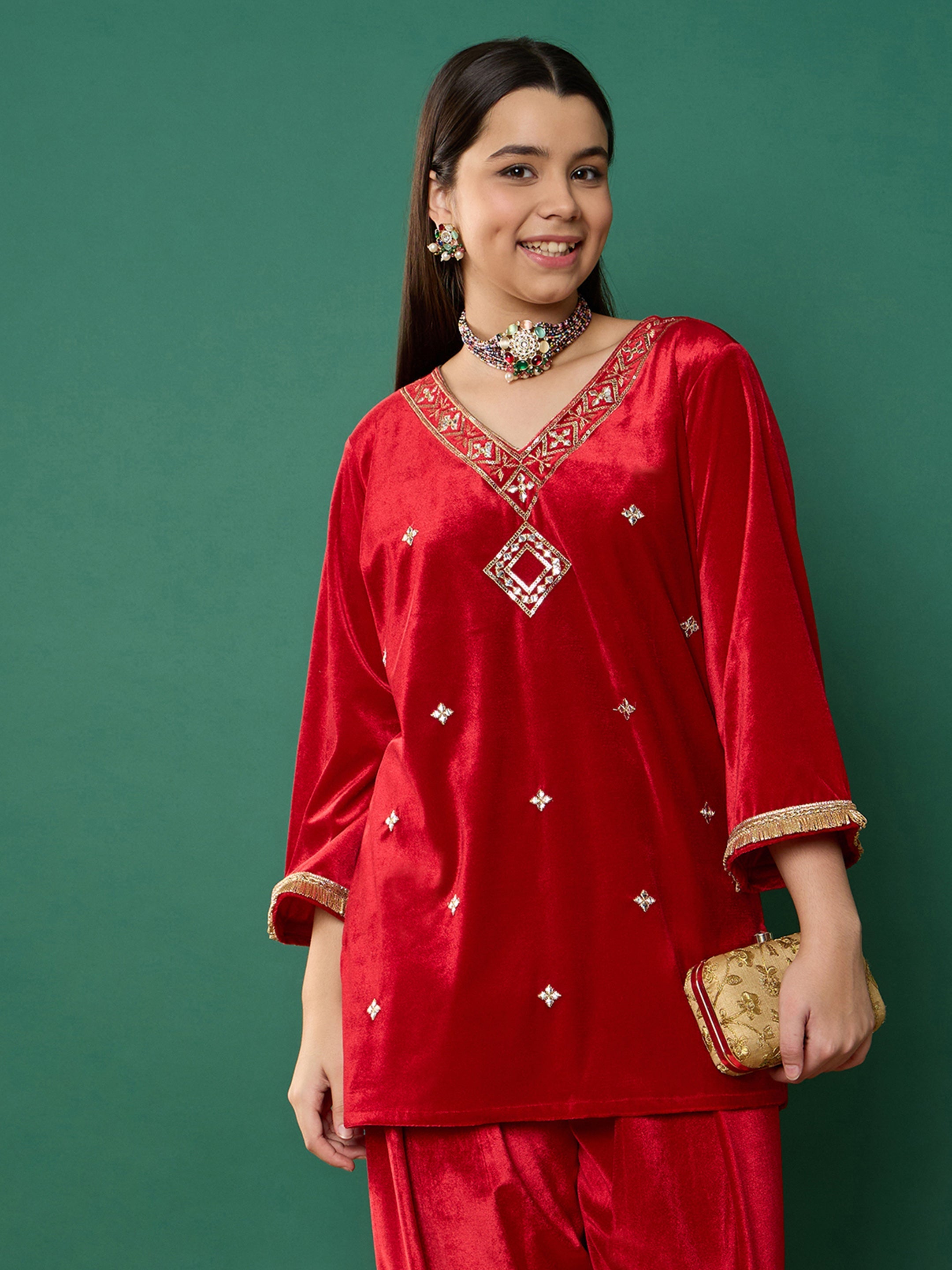 Girl Red Velvet Embroidered V-Neck Short Kurta