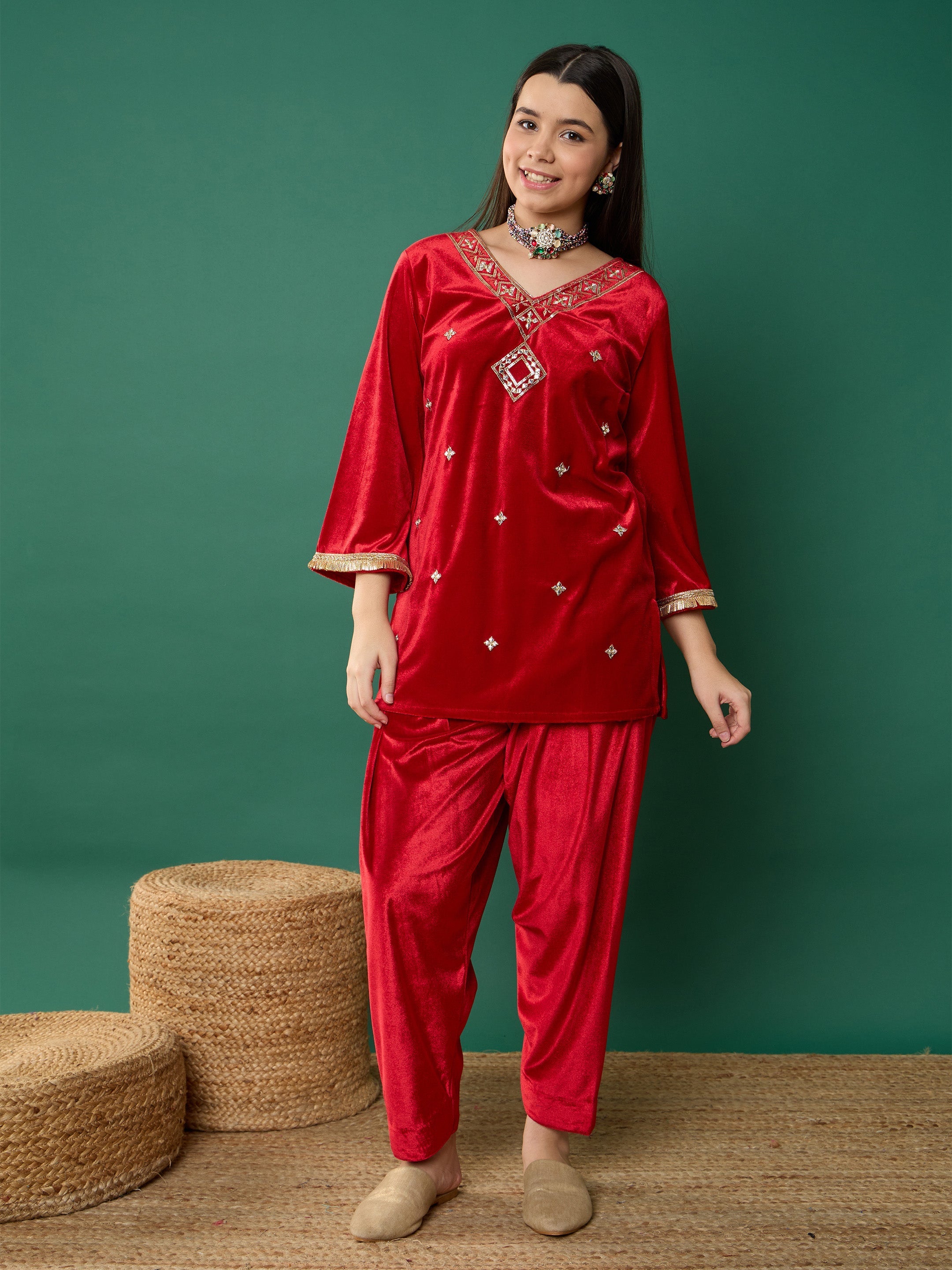 Girl Red Velvet Embroidered V-Neck Short Kurta