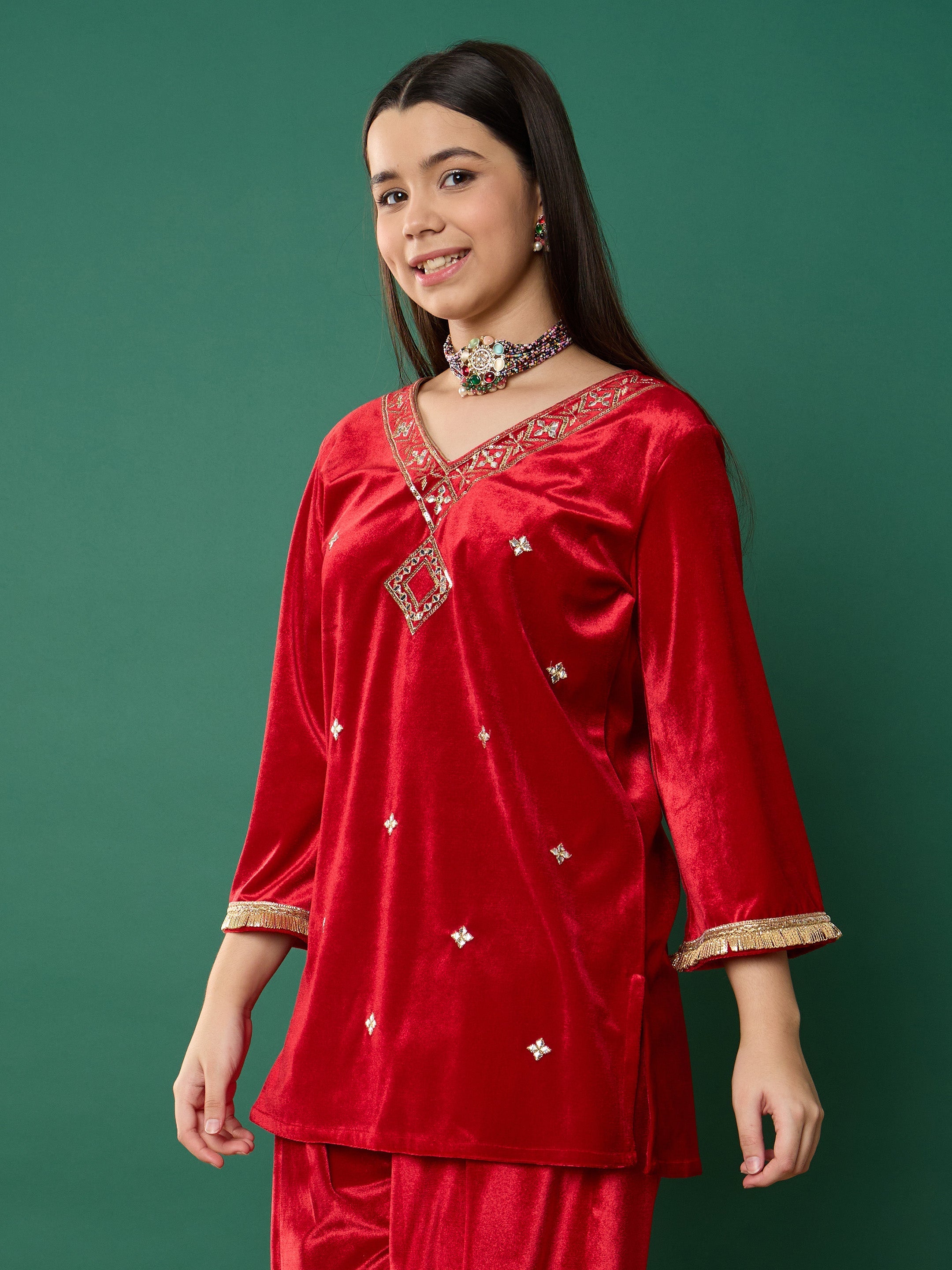 Girl Red Velvet Embroidered V-Neck Short Kurta