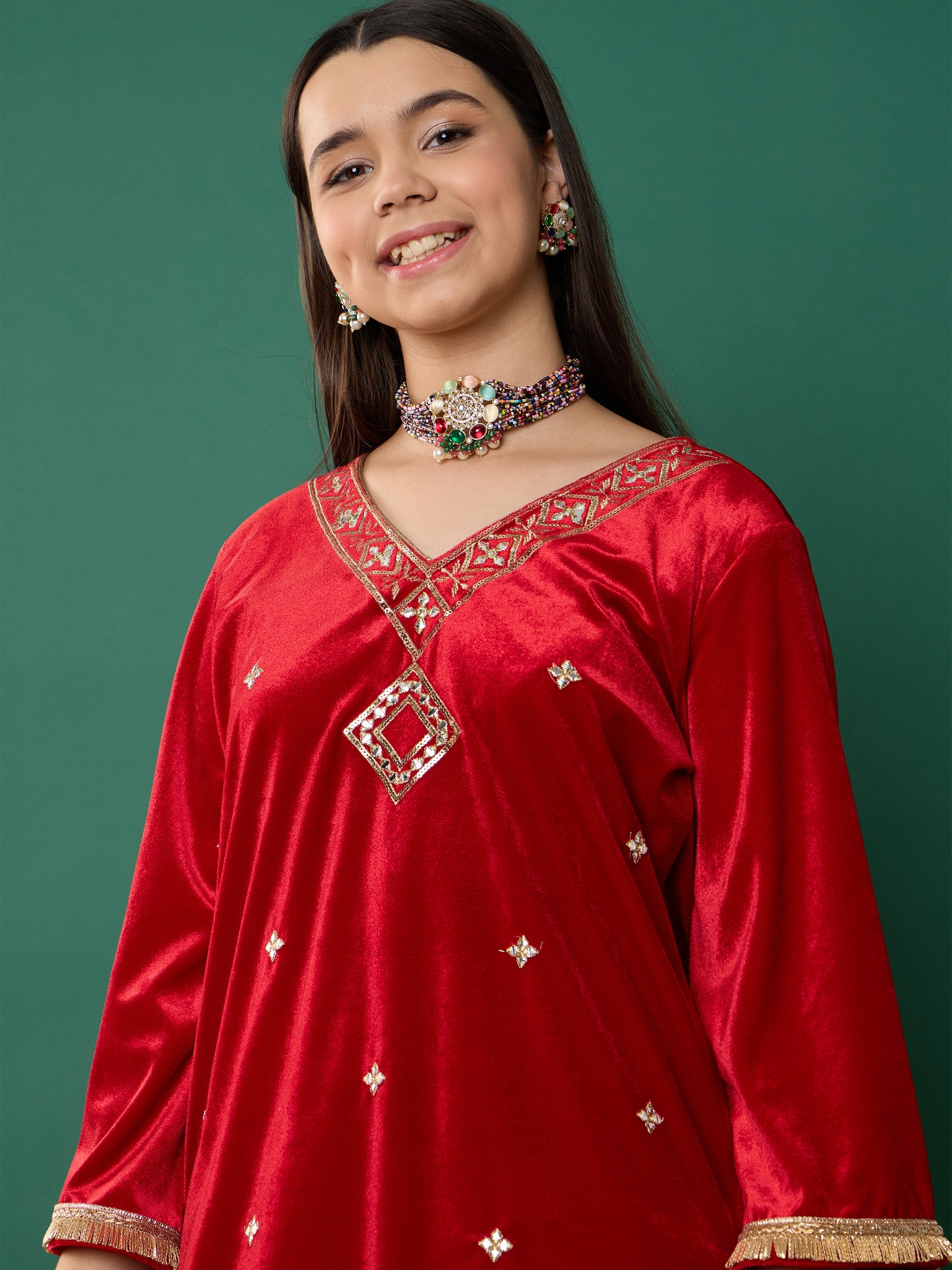 Girl Red Velvet Embroidered V-Neck Short Kurta