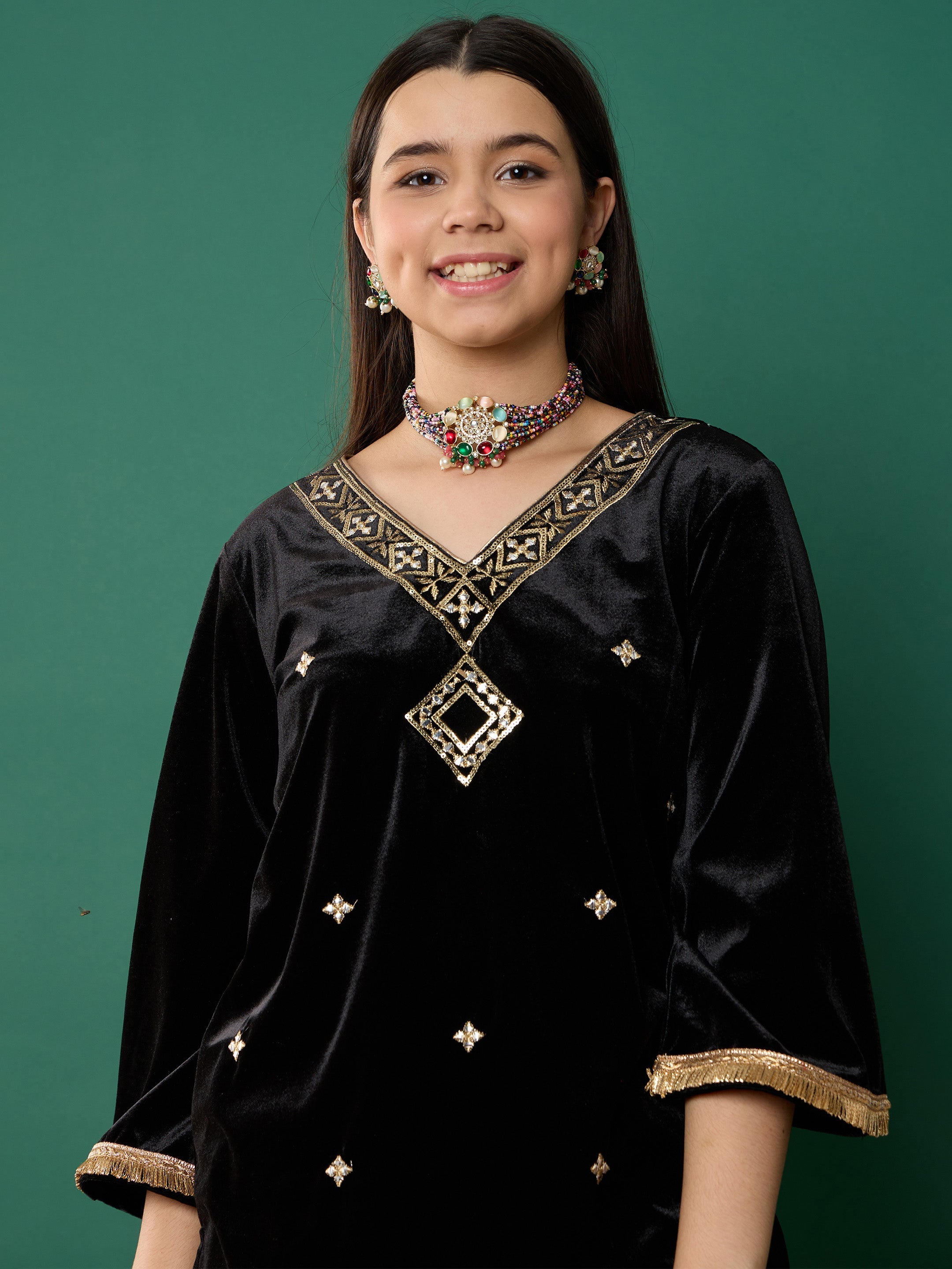 Girl Black Velvet Embroidered V-Neck Short Kurta