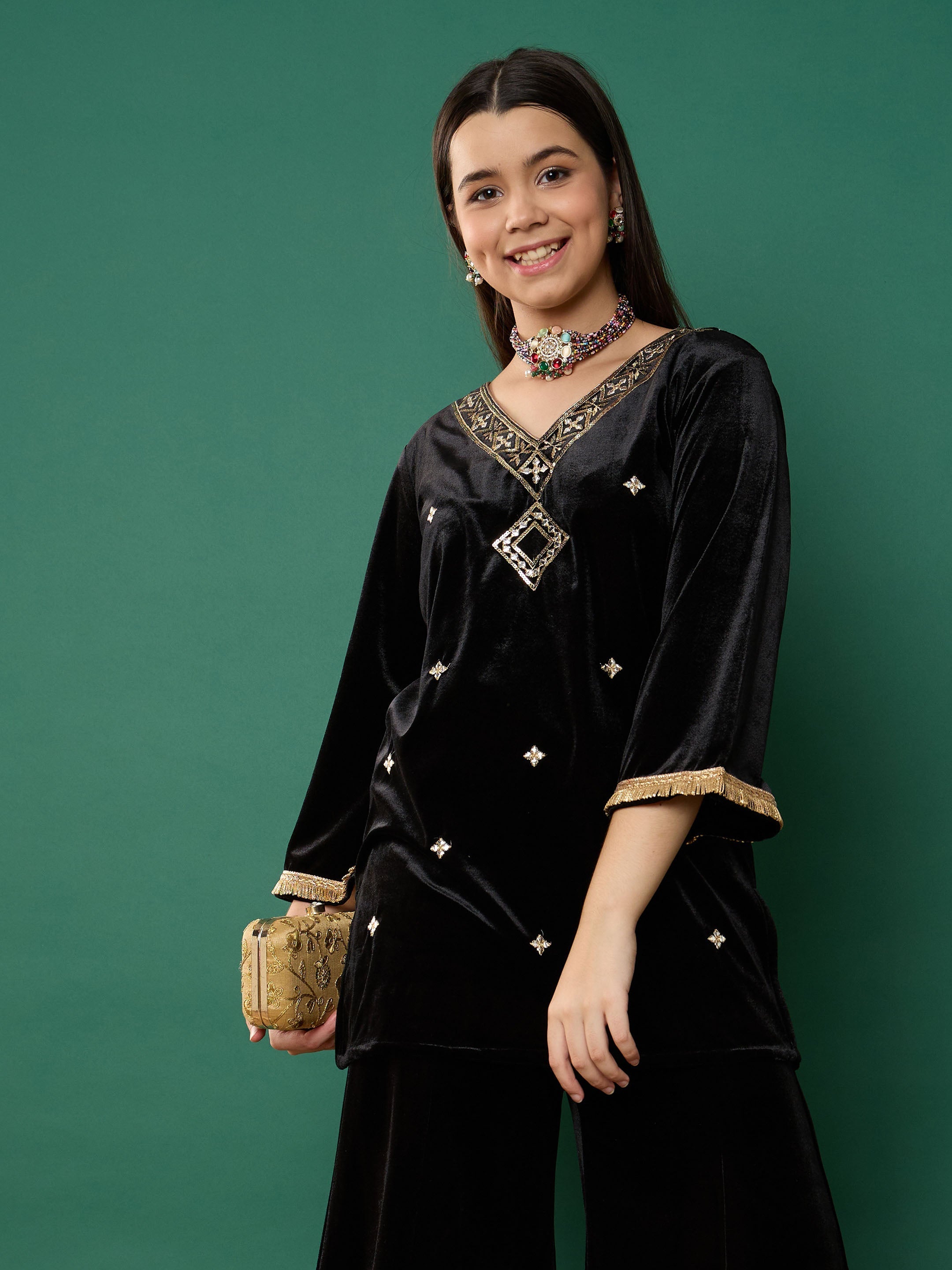 Girl Black Velvet Embroidered V-Neck Short Kurta