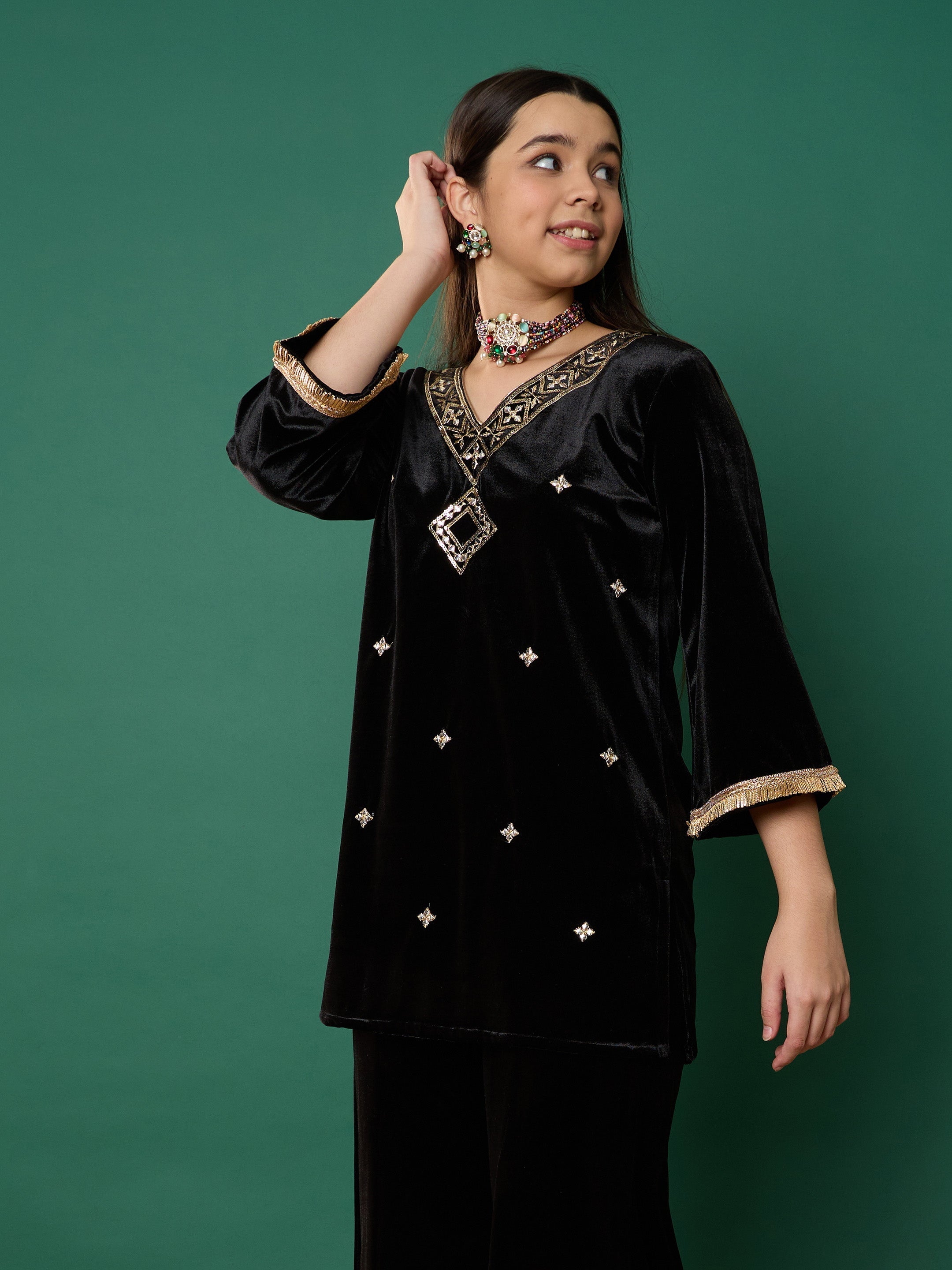 Girl Black Velvet Embroidered V-Neck Short Kurta