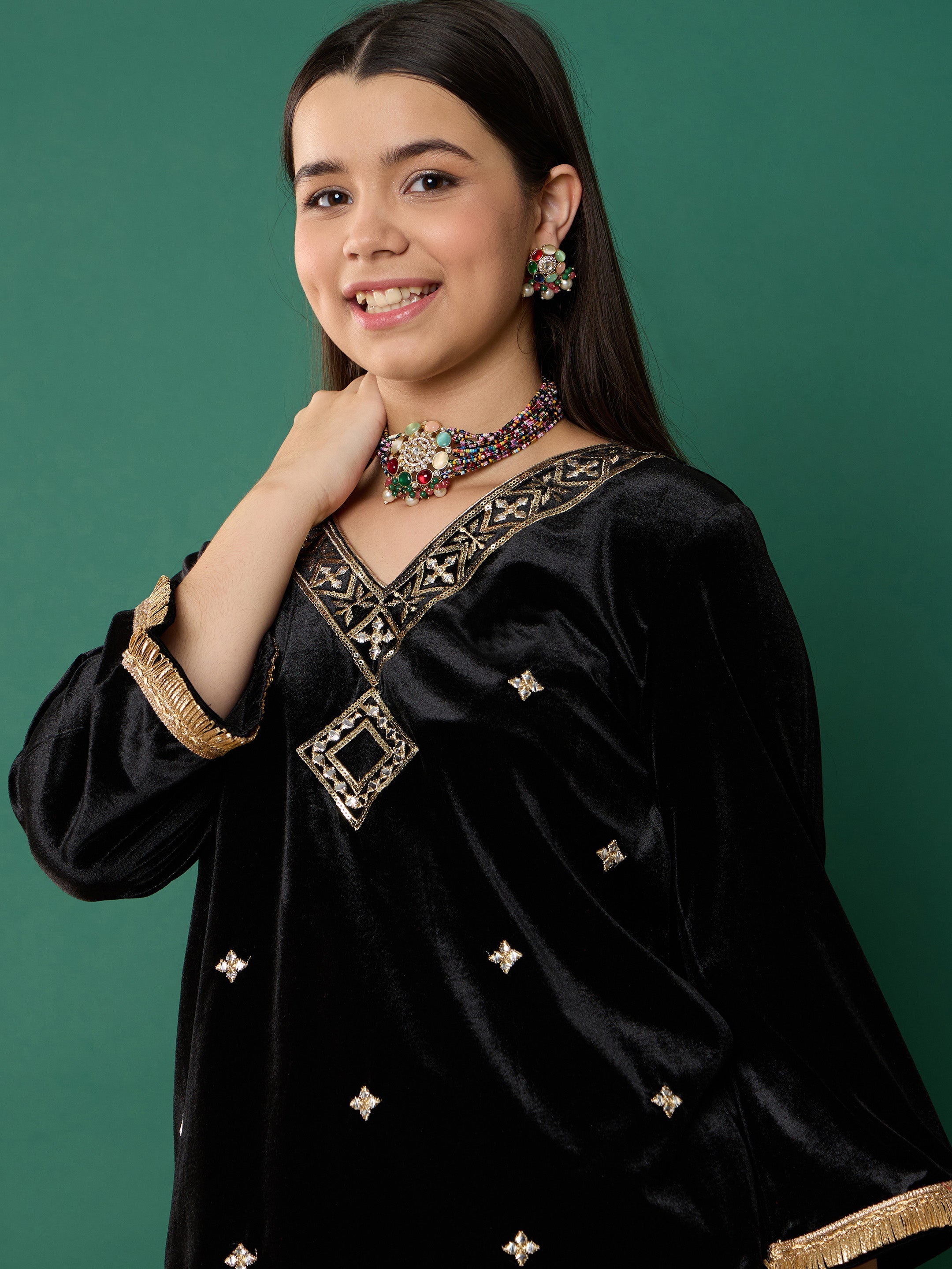 Girl Black Velvet Embroidered V-Neck Short Kurta