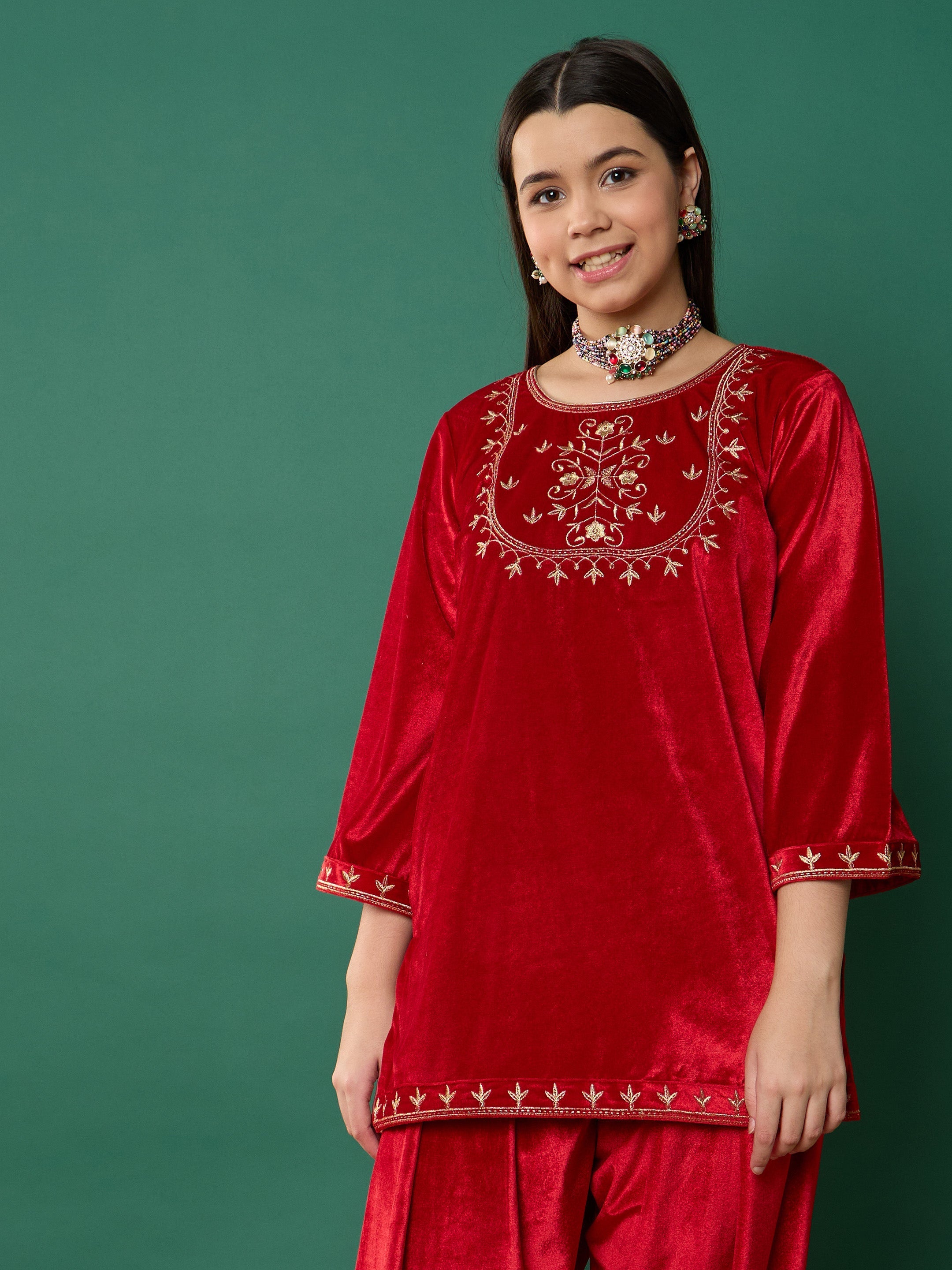 Girl Red Velvet Embroidered Short Kurta