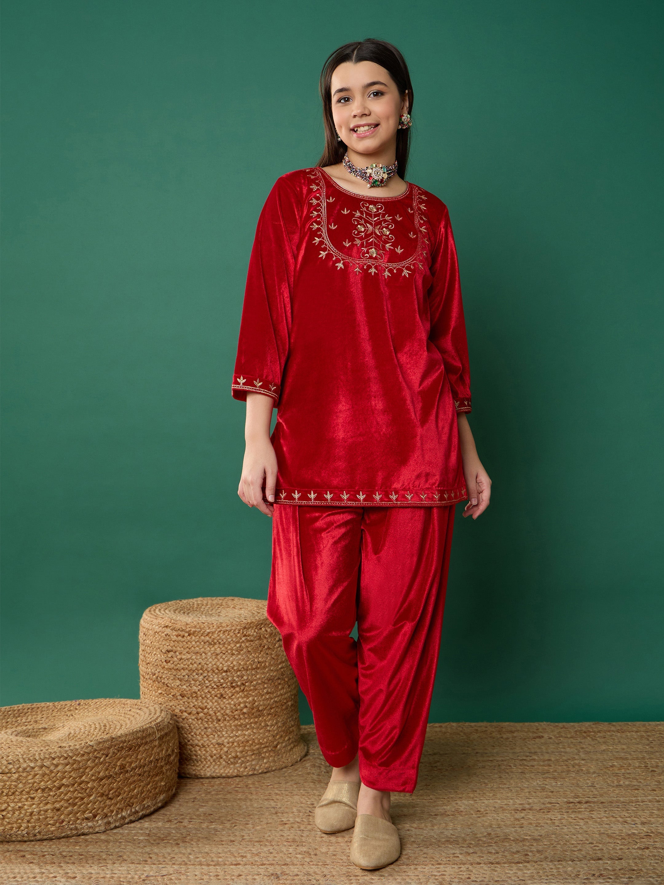 Girl Red Velvet Embroidered Short Kurta