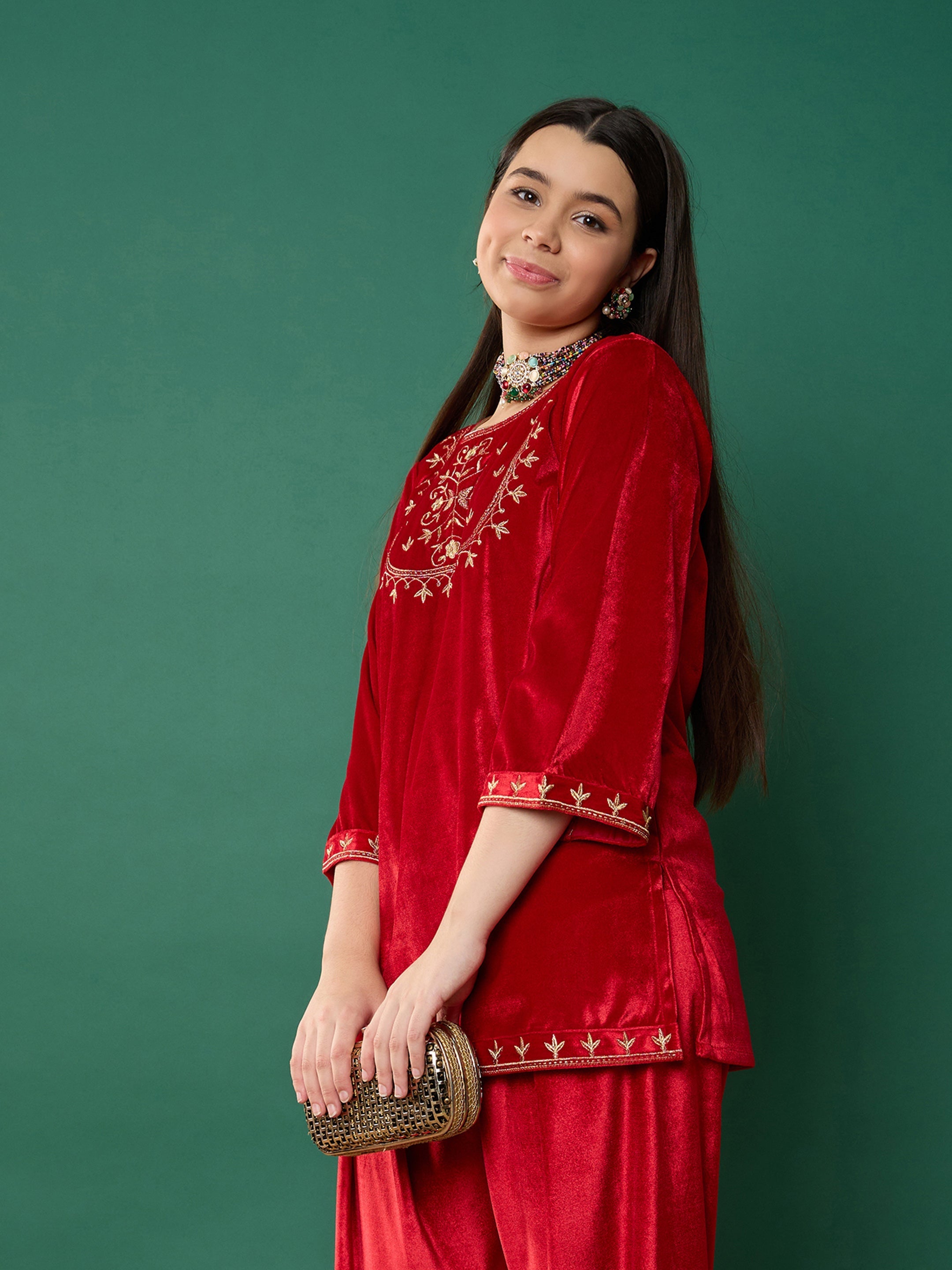 Girl Red Velvet Embroidered Short Kurta