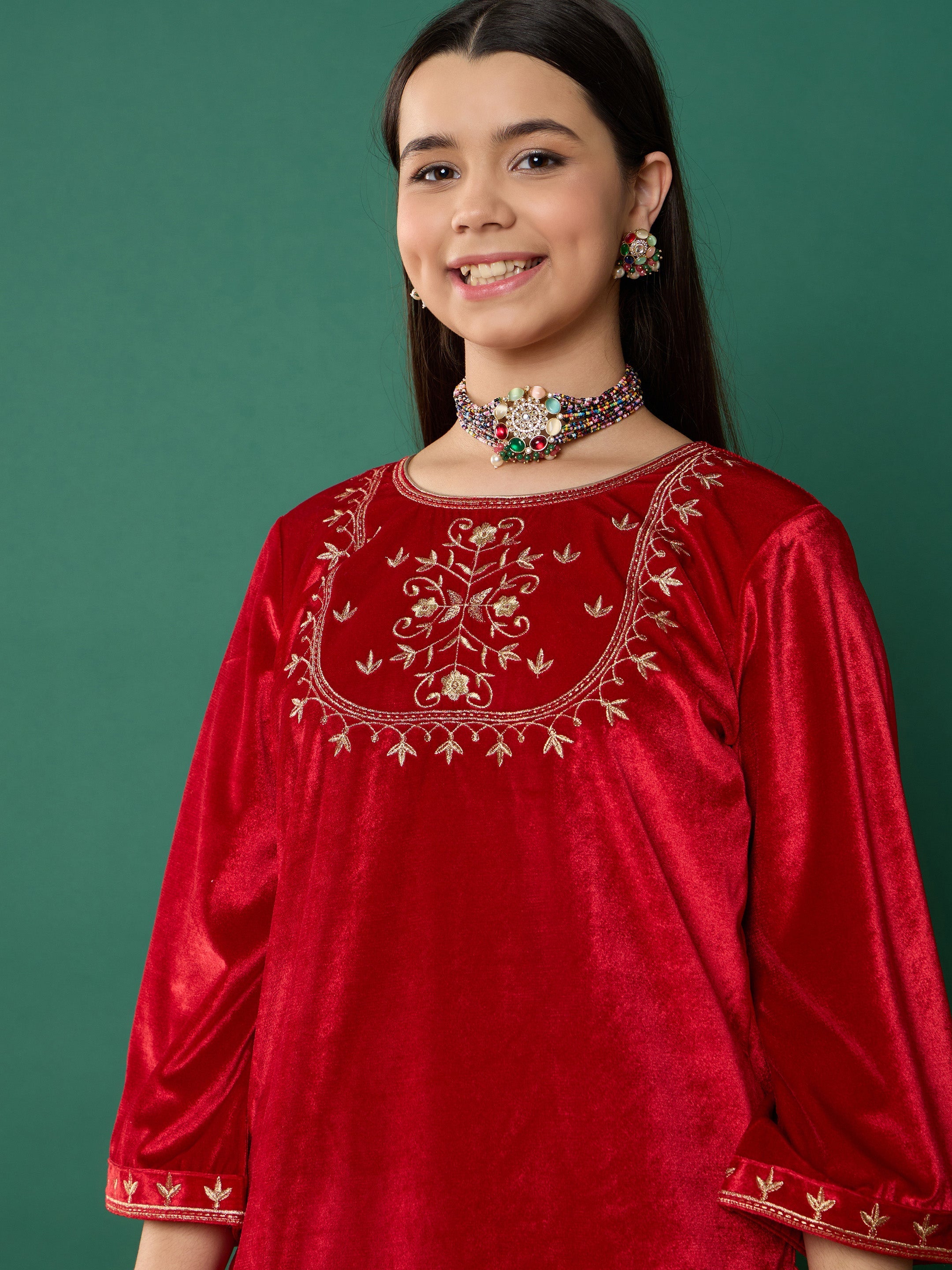 Girl Red Velvet Embroidered Short Kurta