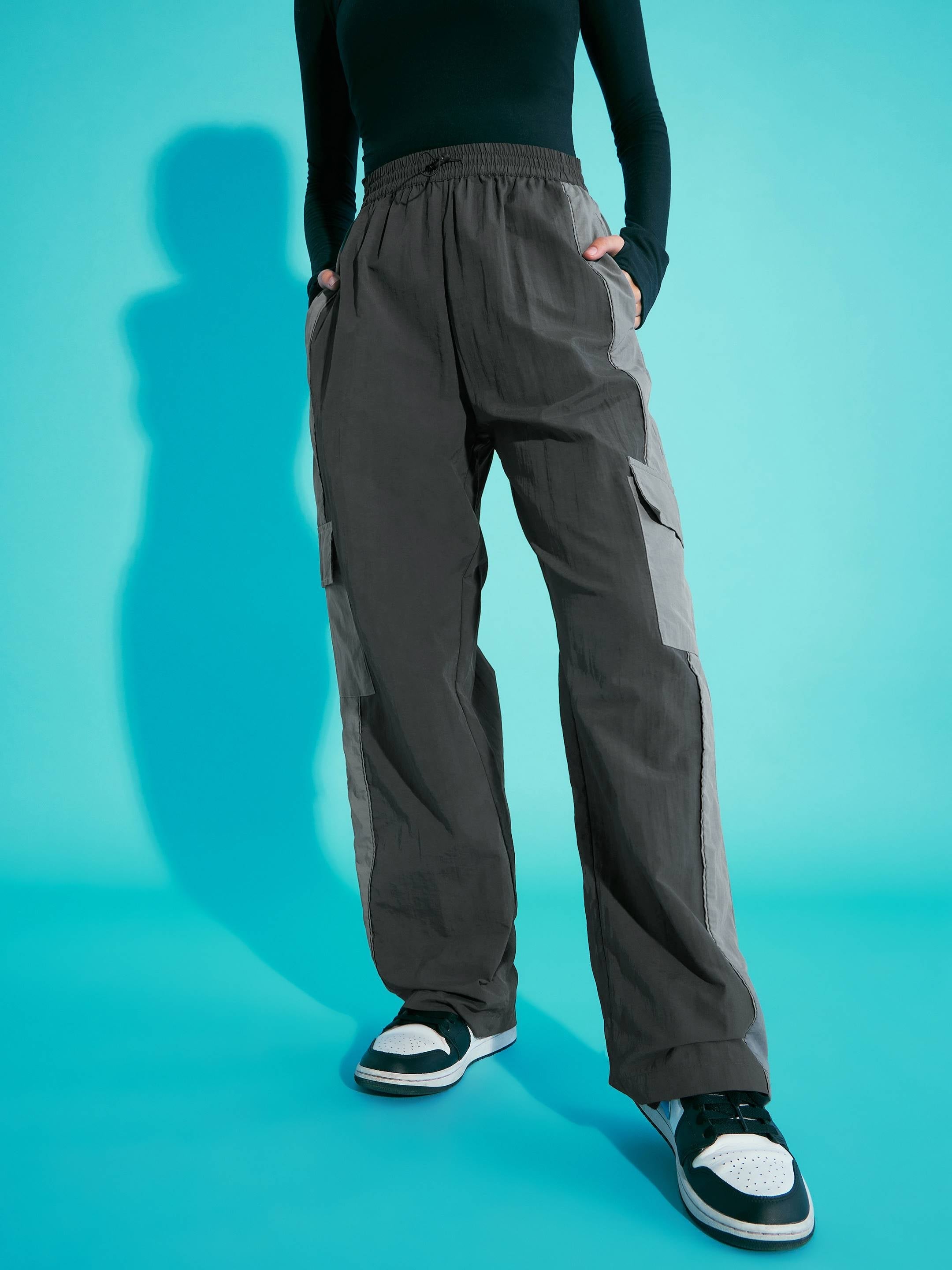 Girls Dark Grey Contrast Pocket Cargo Parachute Pants