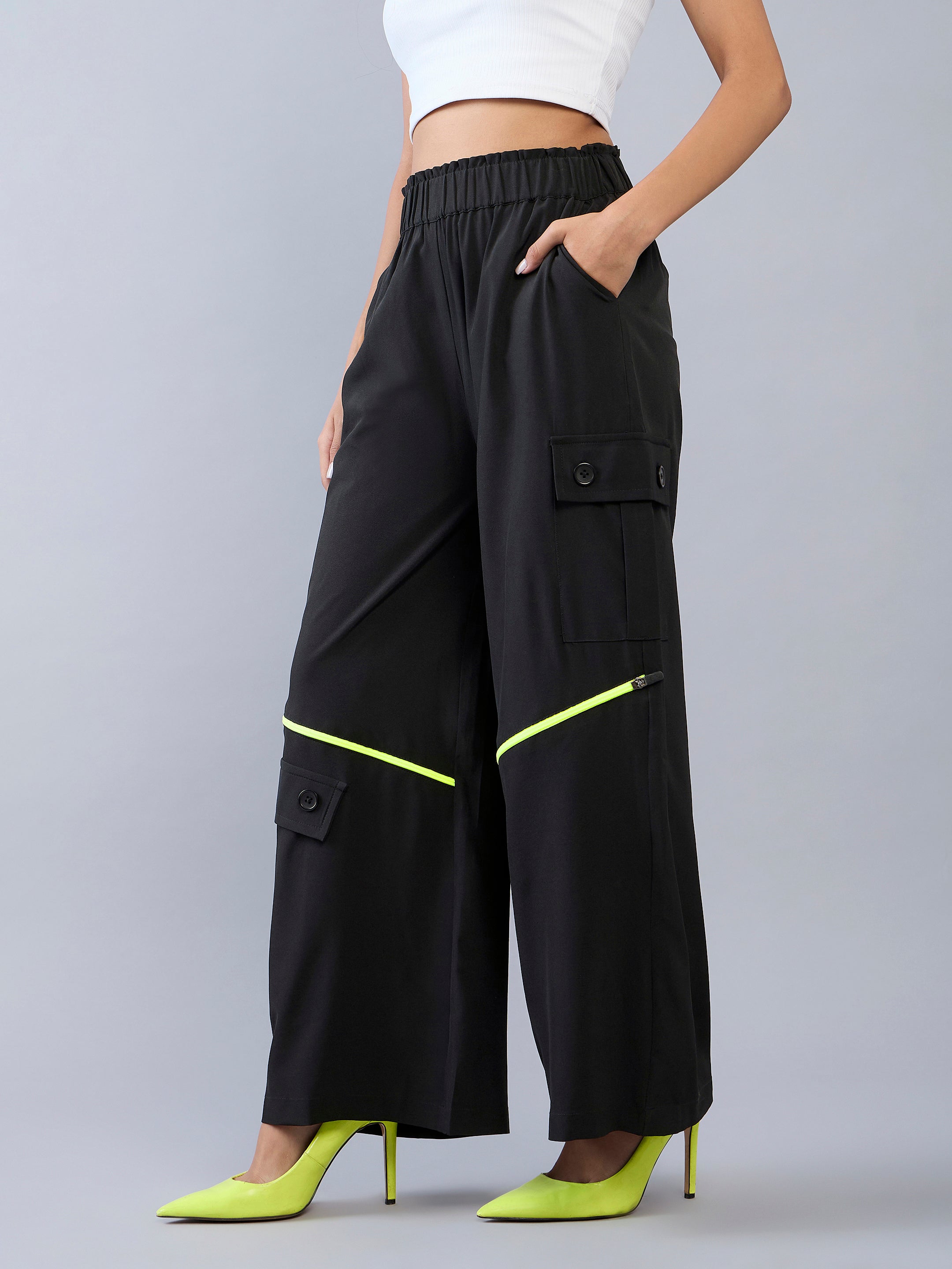 Girls Black Neon Zipper Detail Parachute Cargos