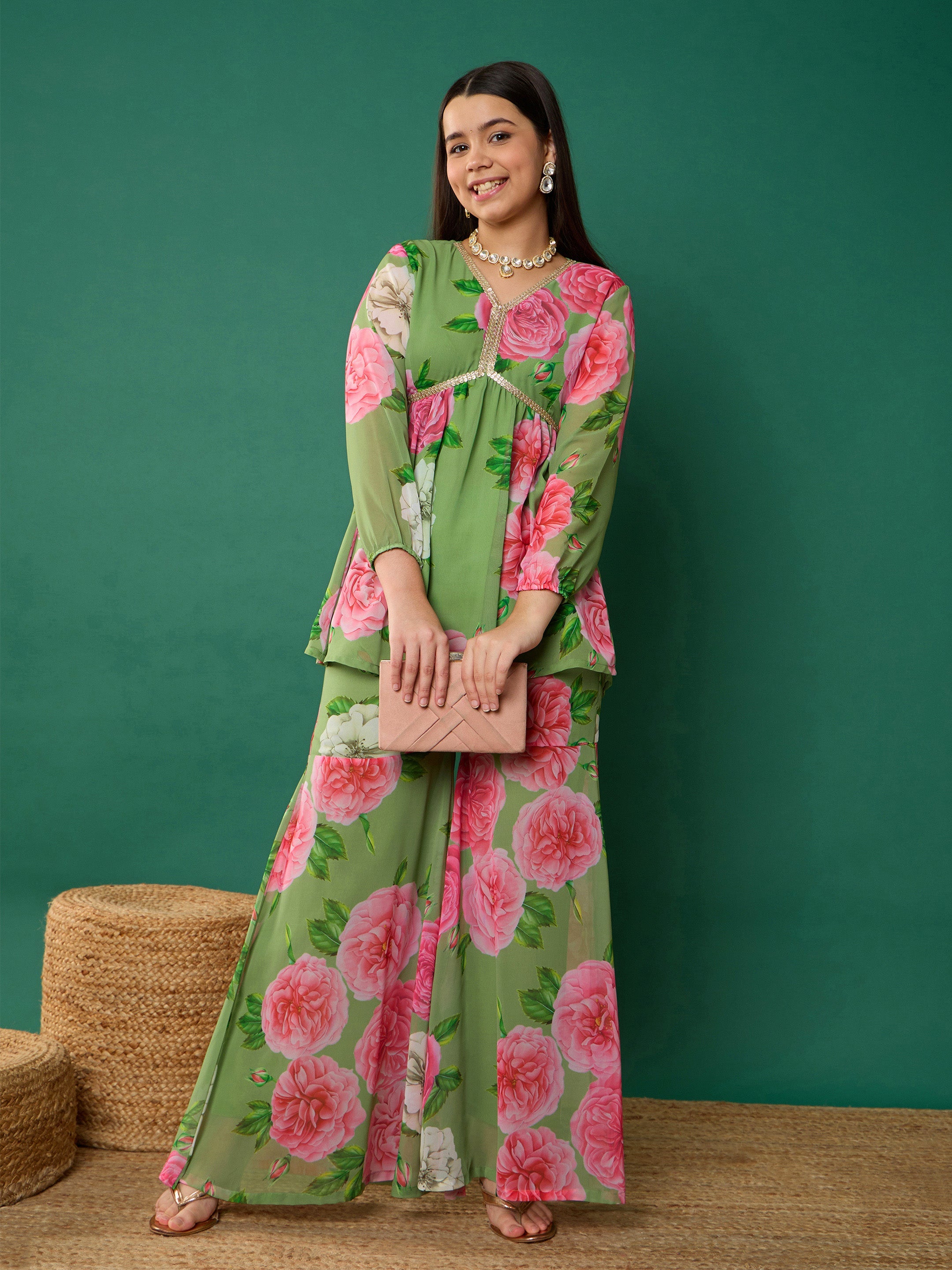 Girl Green Floral Peplum Top With Biased Flare Sharara