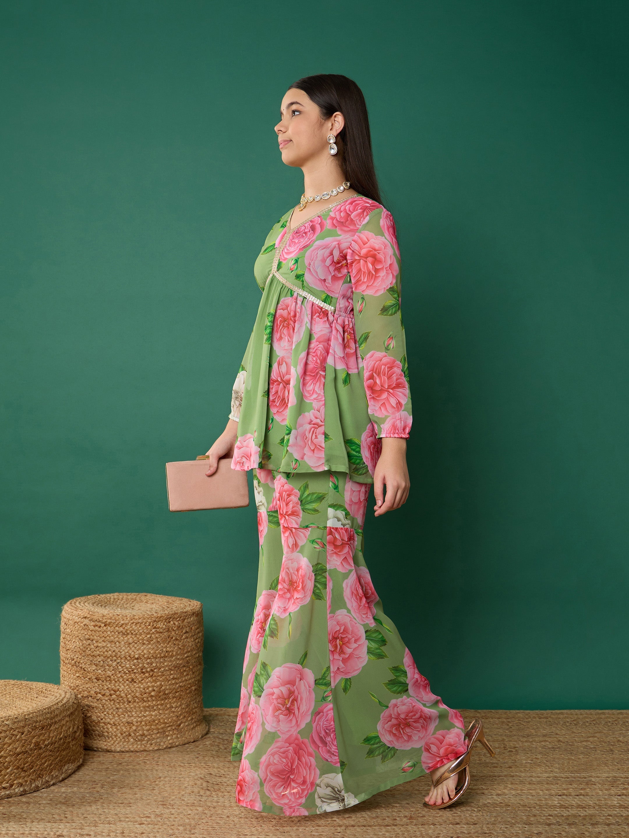 Girl Green Floral Peplum Top With Biased Flare Sharara