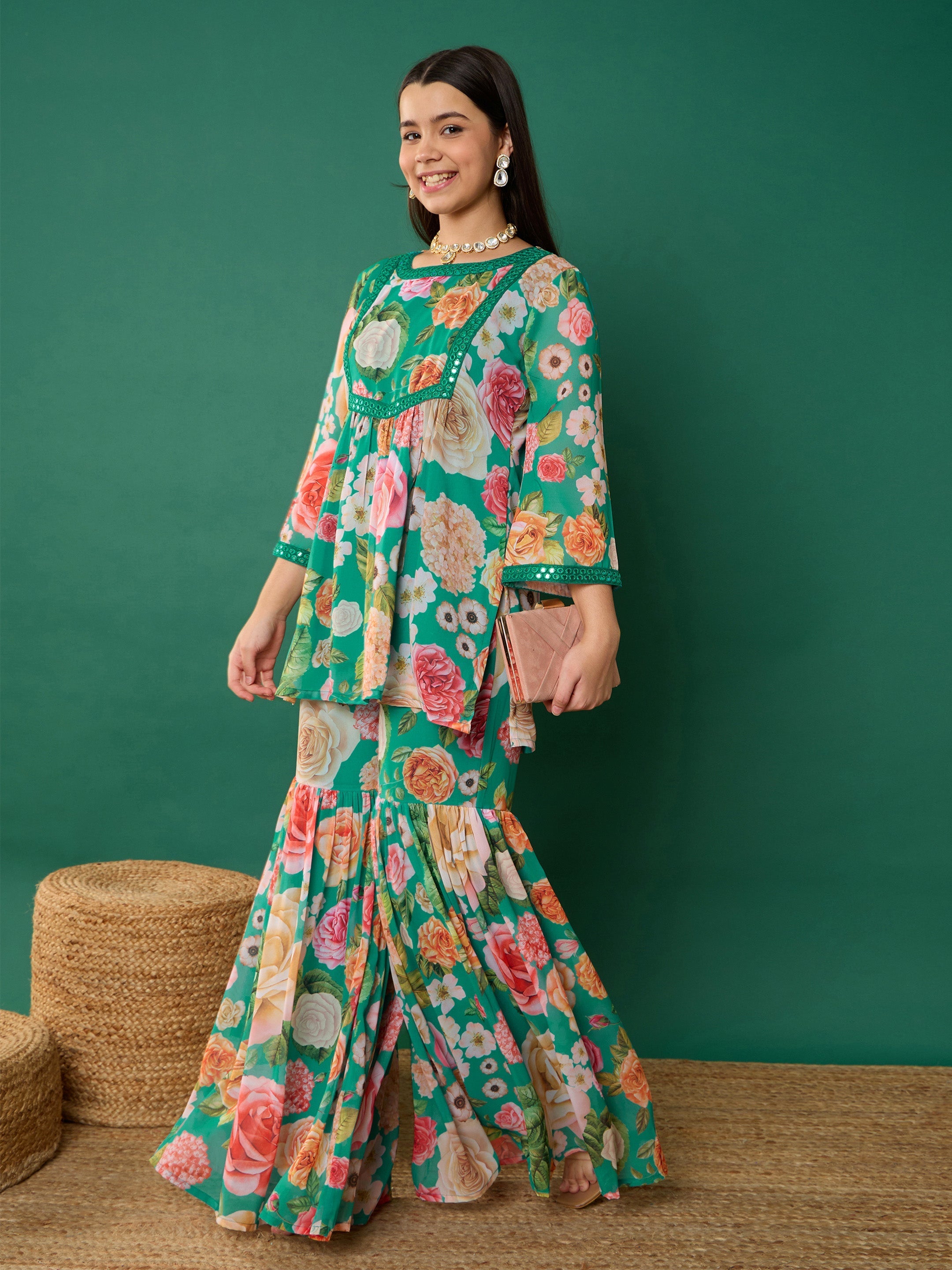 Girl Green Floral Short Kurta With Sharara Pants