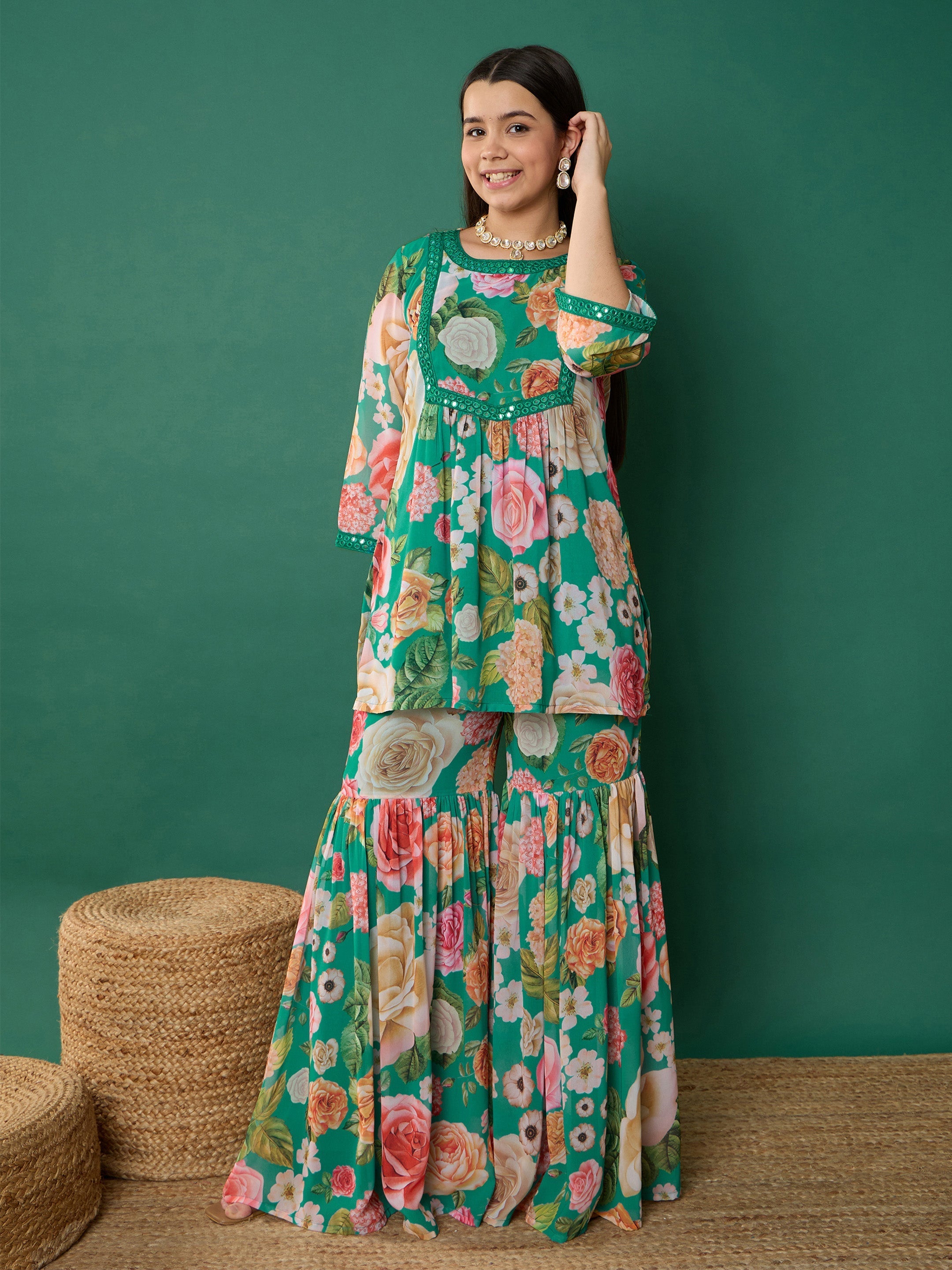 Girl Green Floral Short Kurta With Sharara Pants