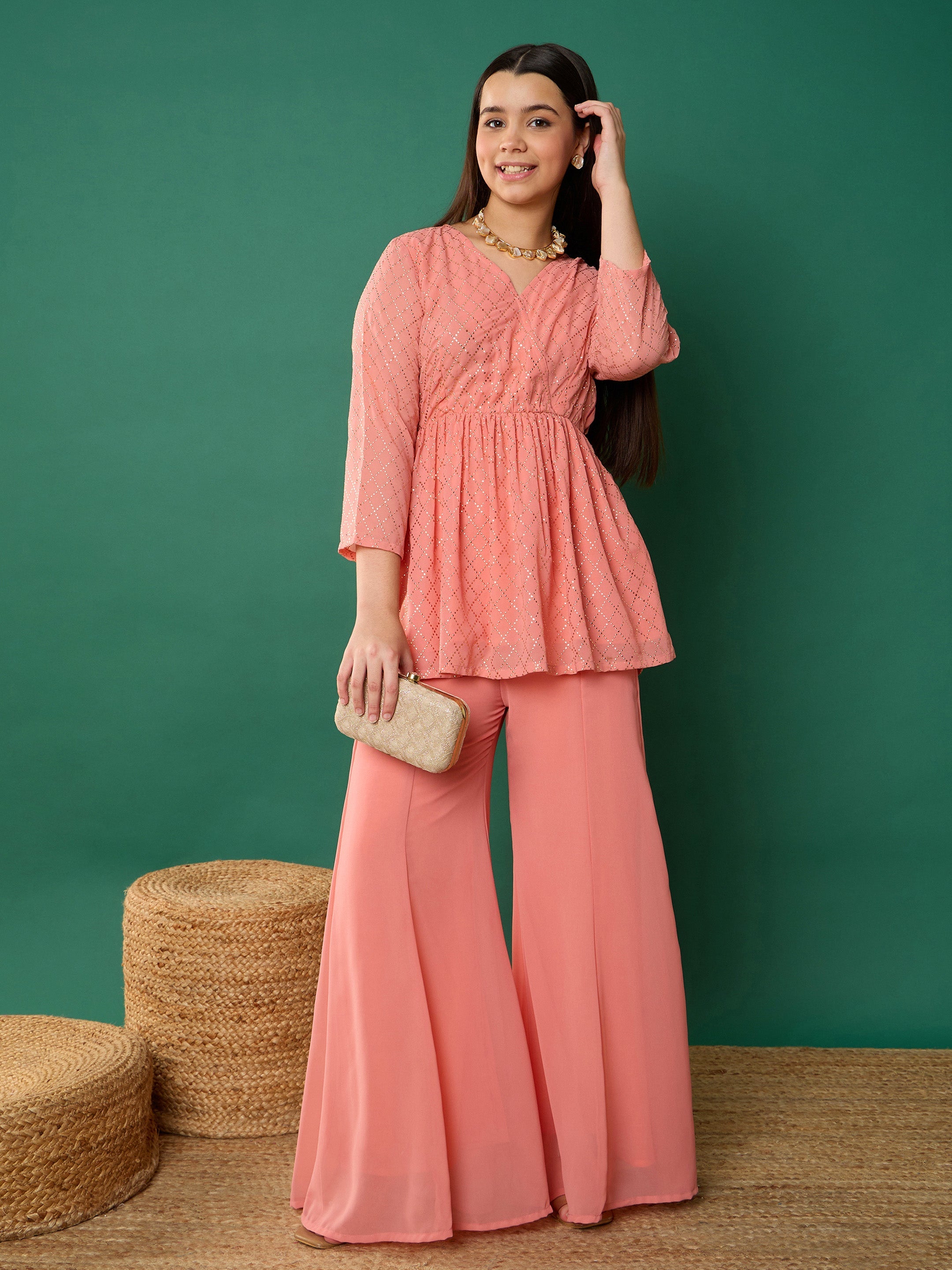 Girl Pink Mukesh Wrap Peplum Top With Palazzos