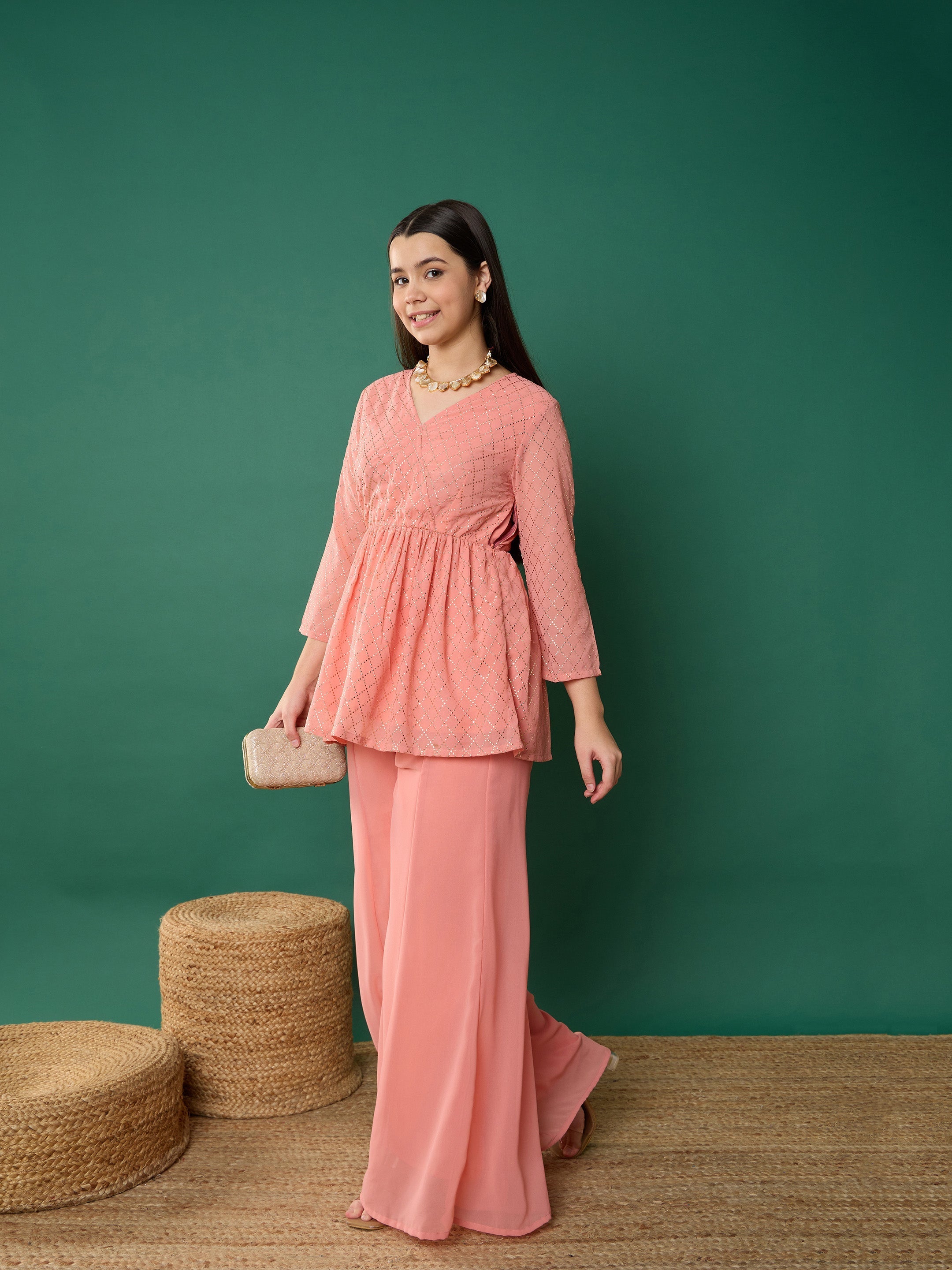 Girl Pink Mukesh Wrap Peplum Top With Palazzos