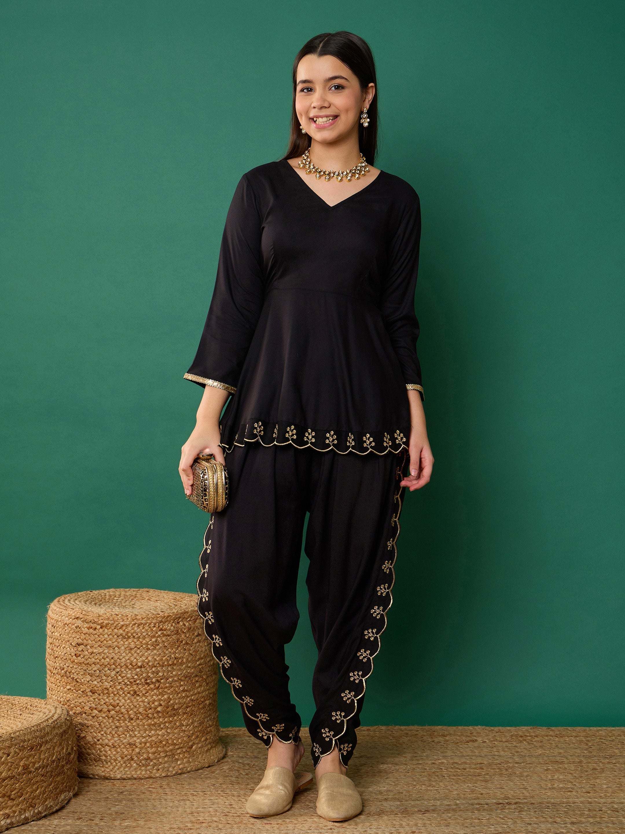 Girl Black Solid Peplum Top With Dhoti Pants