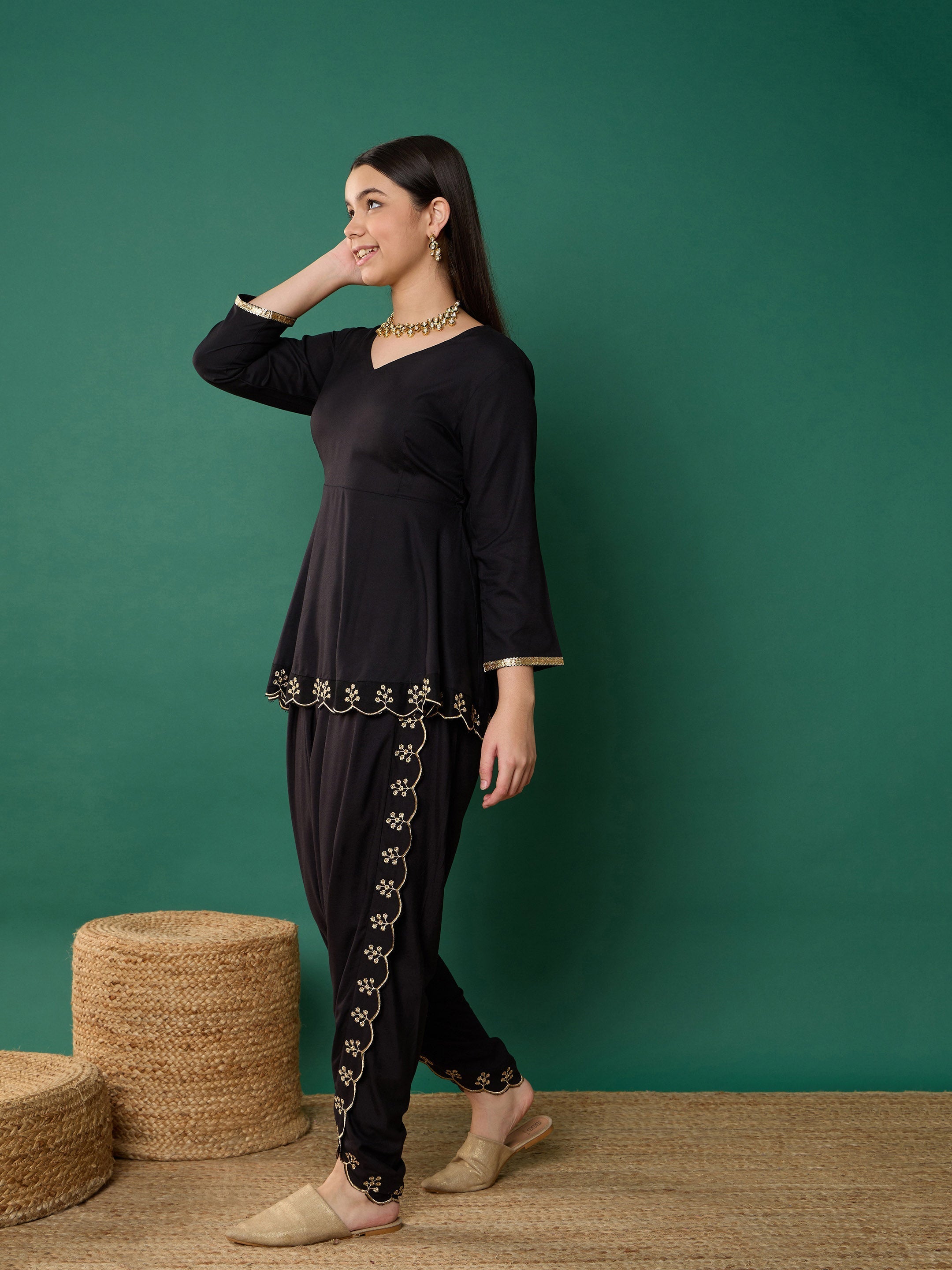 Girl Black Solid Peplum Top With Dhoti Pants