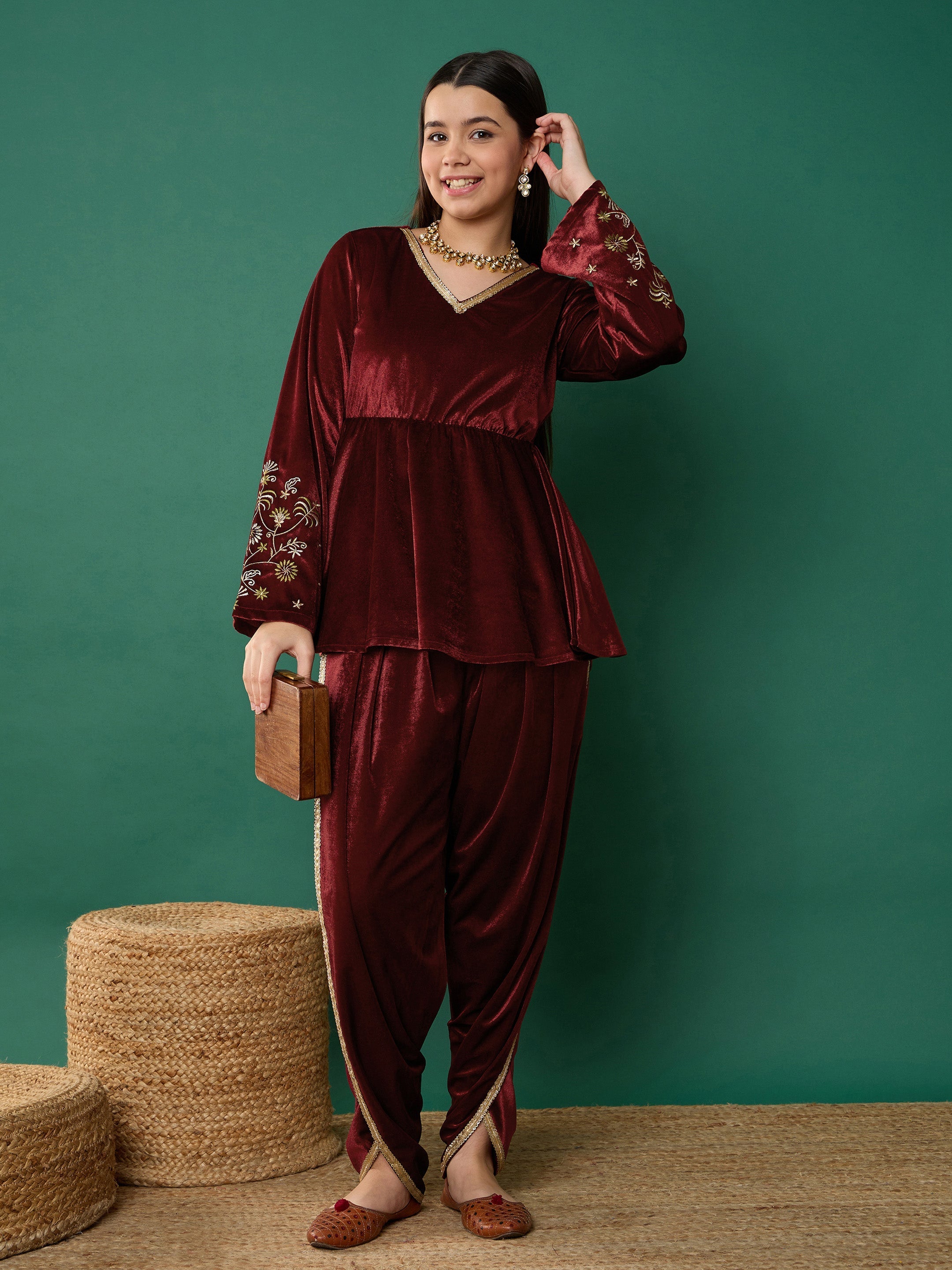 Girl Maroon Velvet Emb Peplum Top With Dhoti Pants