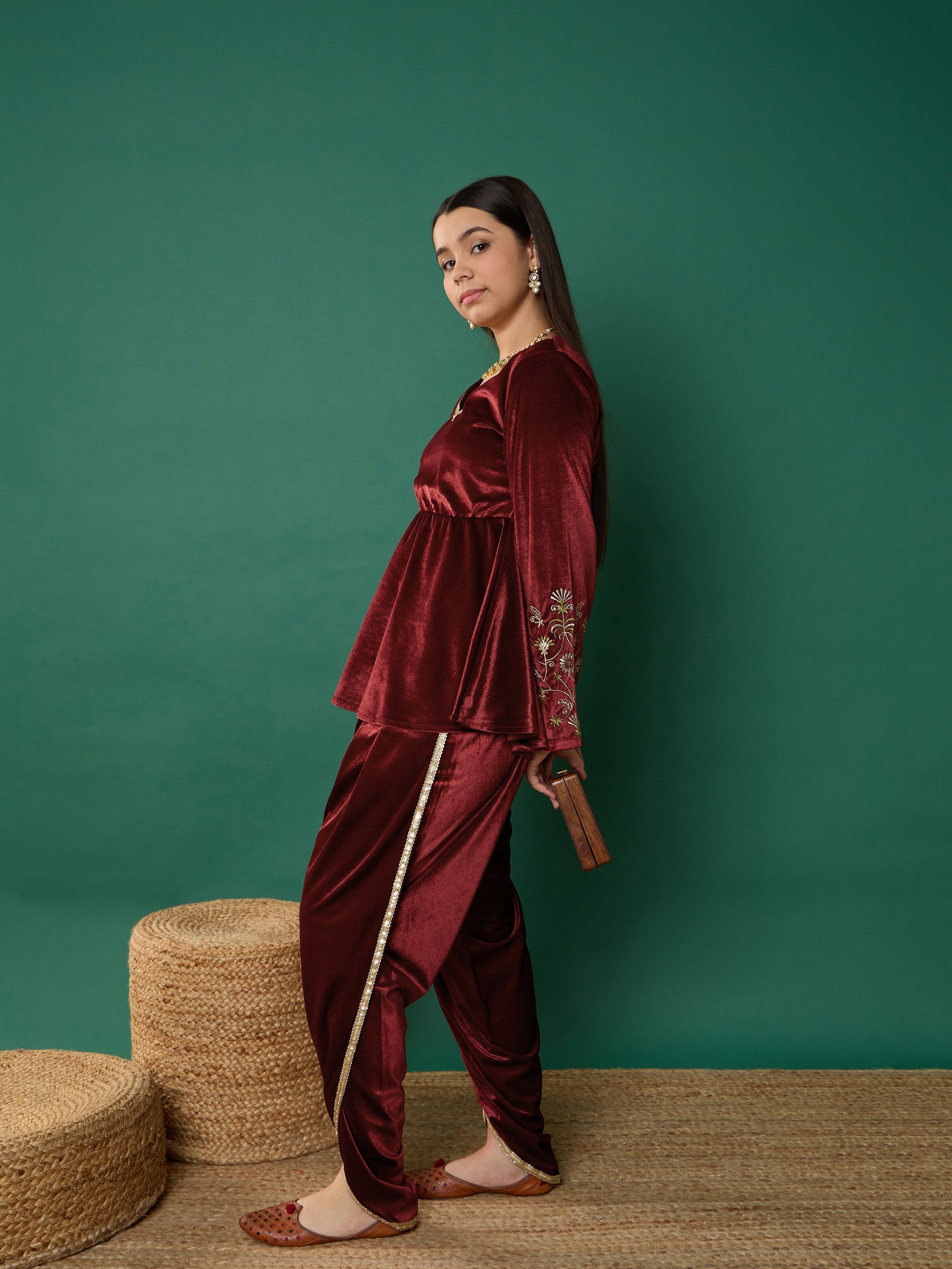 Girl Maroon Velvet Emb Peplum Top With Dhoti Pants