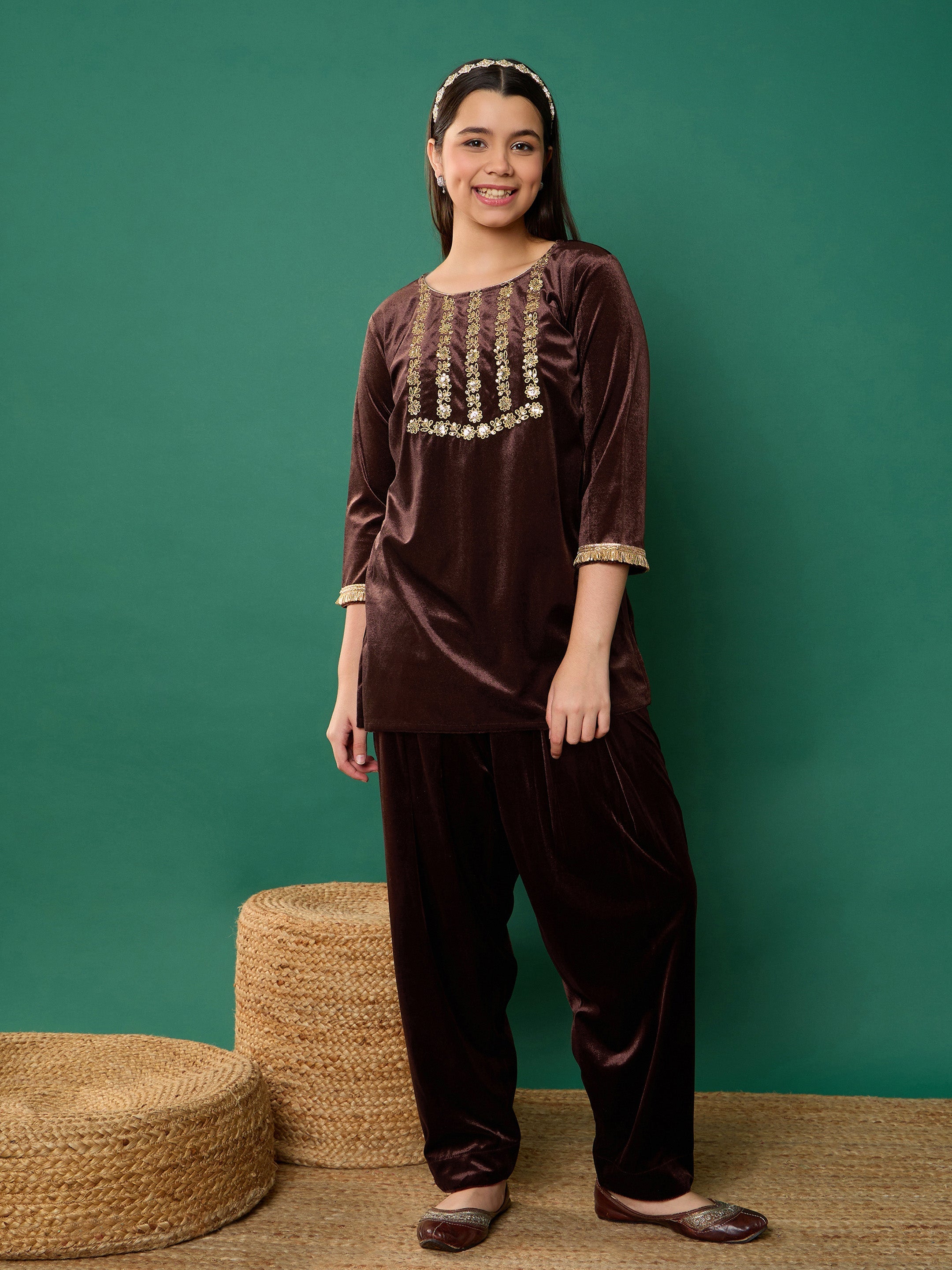 Girl Brown Velvet Embroidered Kurta With Salwar