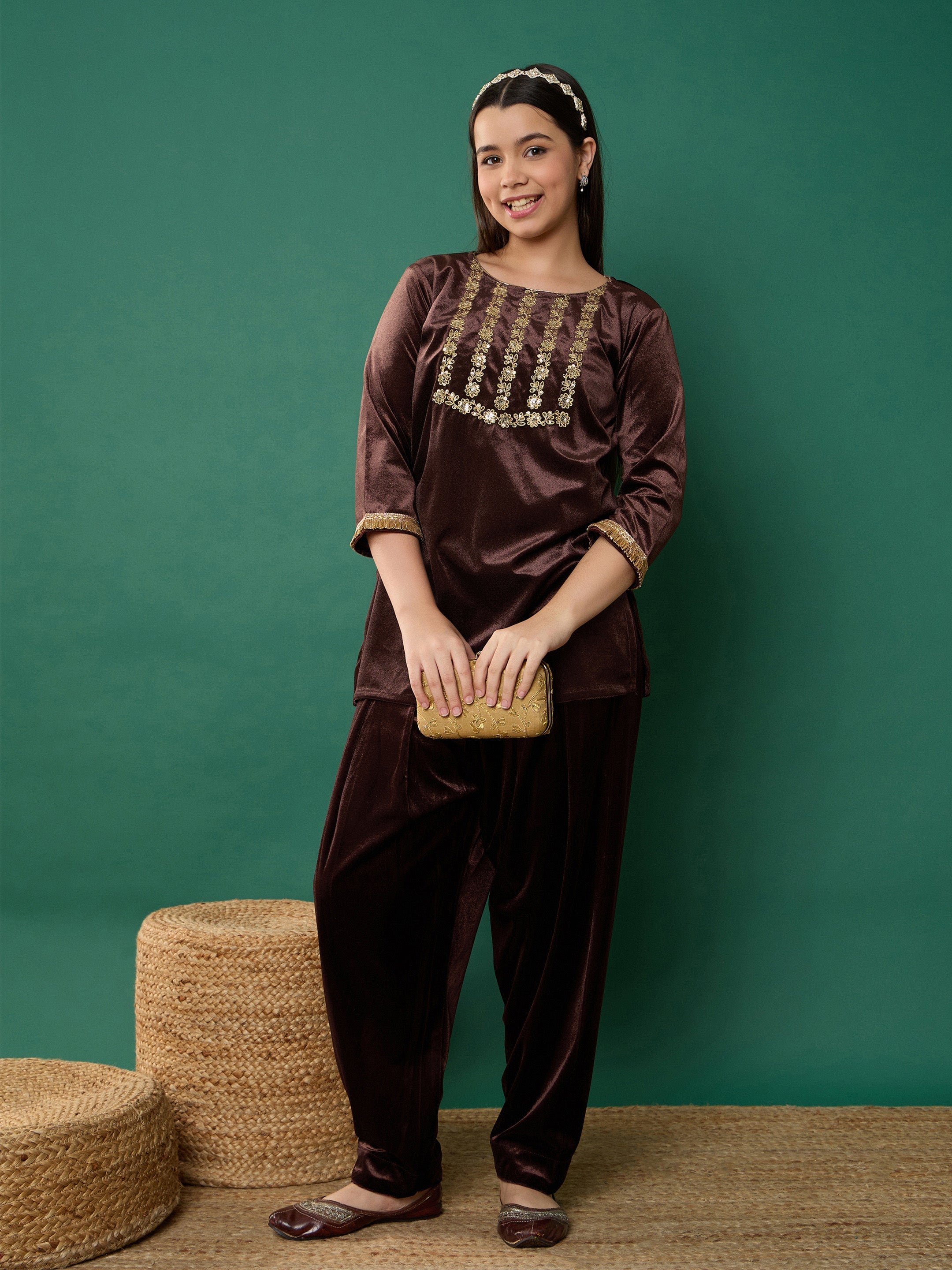 Girl Brown Velvet Embroidered Kurta With Salwar