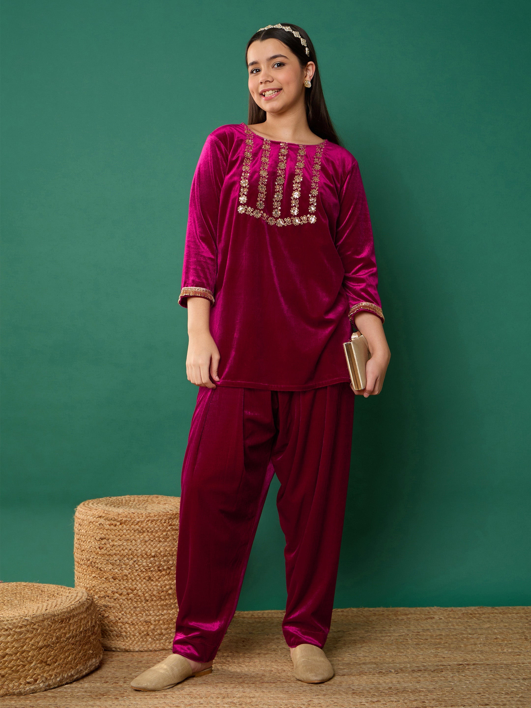 Girl Fuchsia Velvet Embroidered Kurta With Salwar