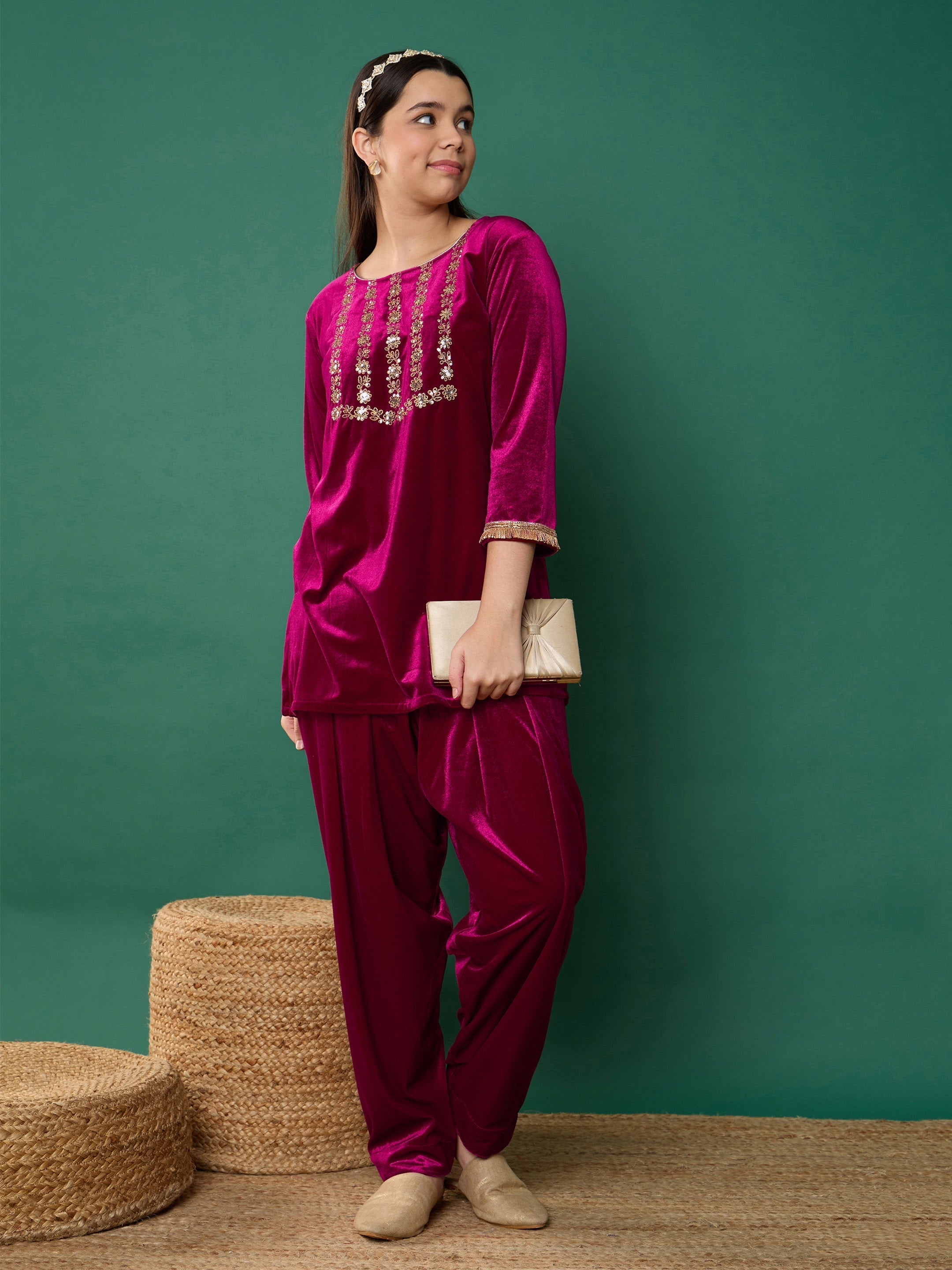 Girl Fuchsia Velvet Embroidered Kurta With Salwar