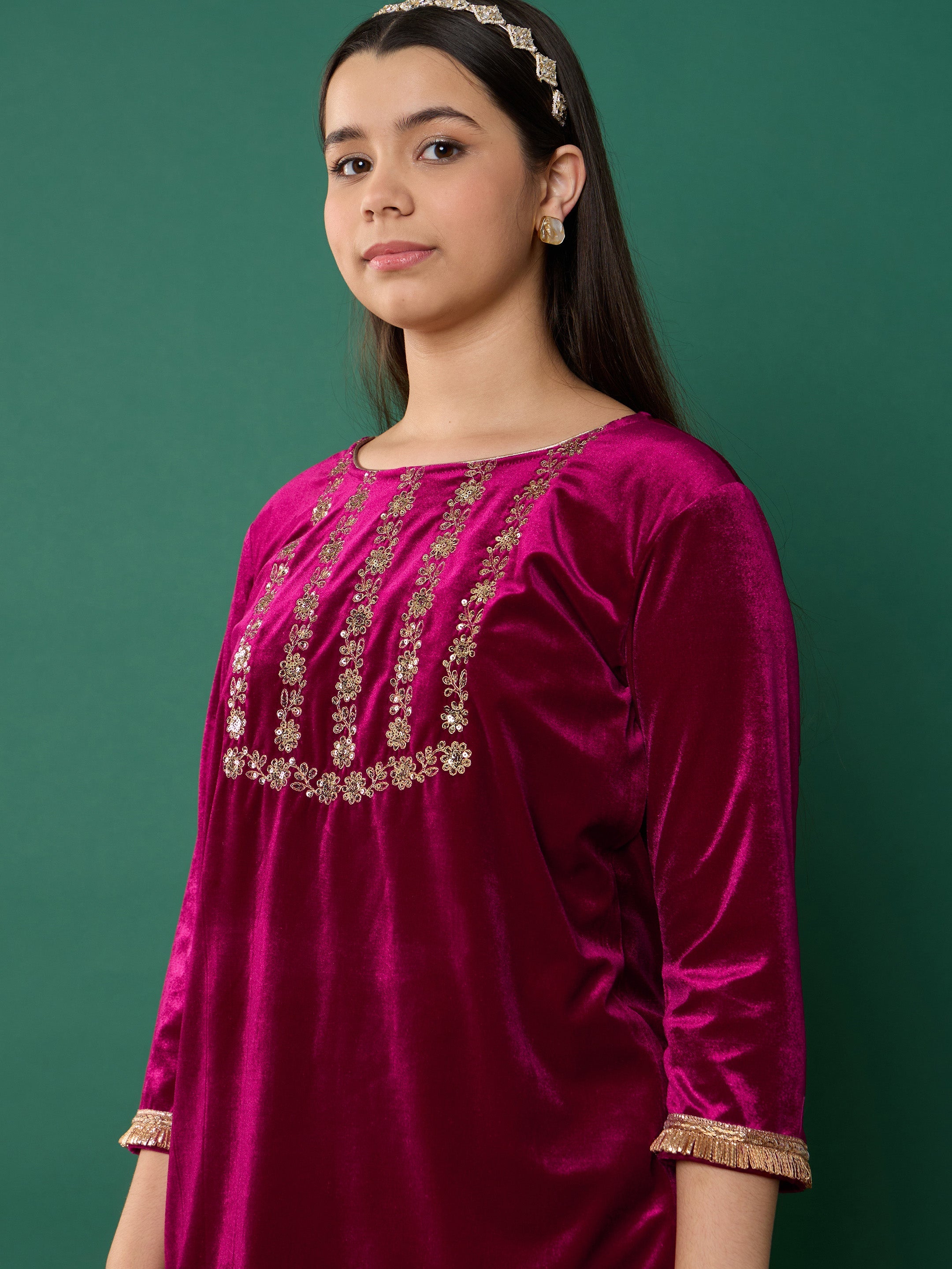 Girl Fuchsia Velvet Embroidered Kurta With Salwar