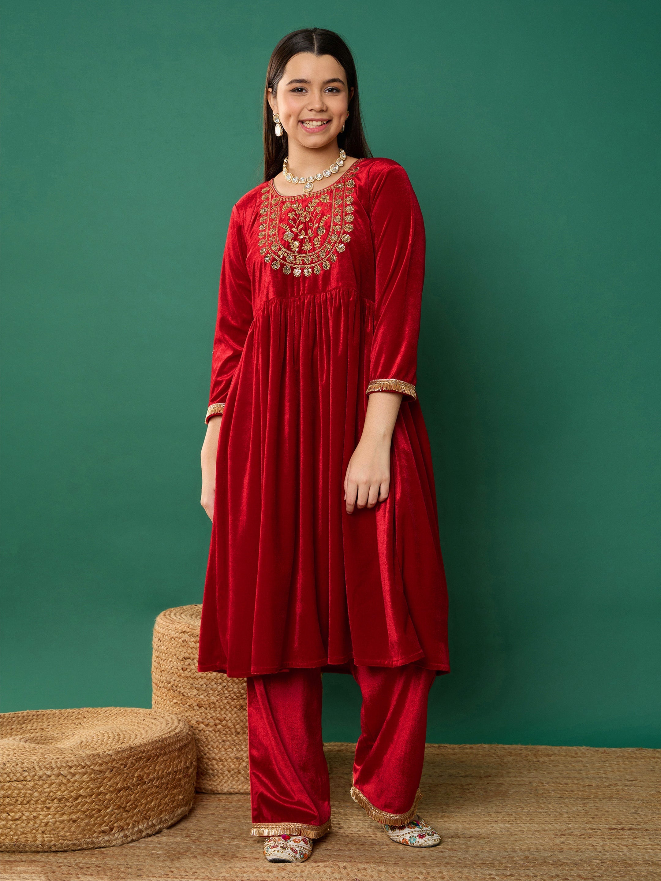 Girl Red Velvet Embroidered Kurta With Pants